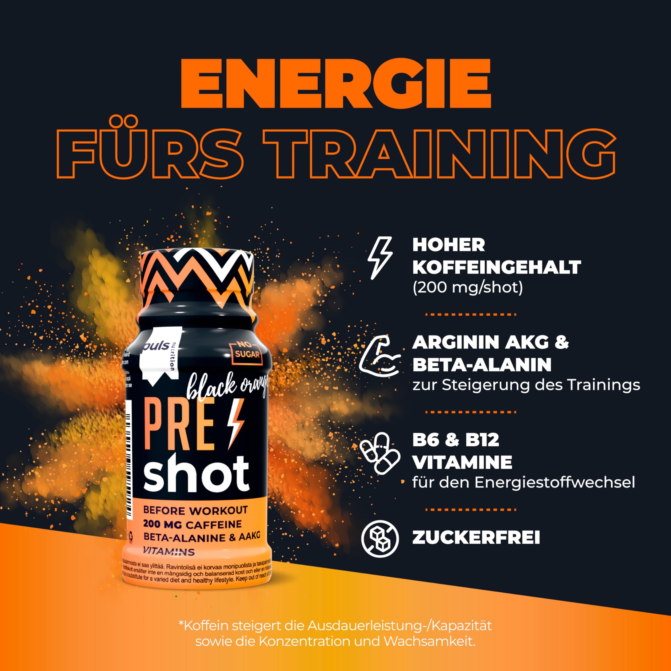 Puls Nutrition Pre Workout Shot Black Orange mit Trainings-Benefits.