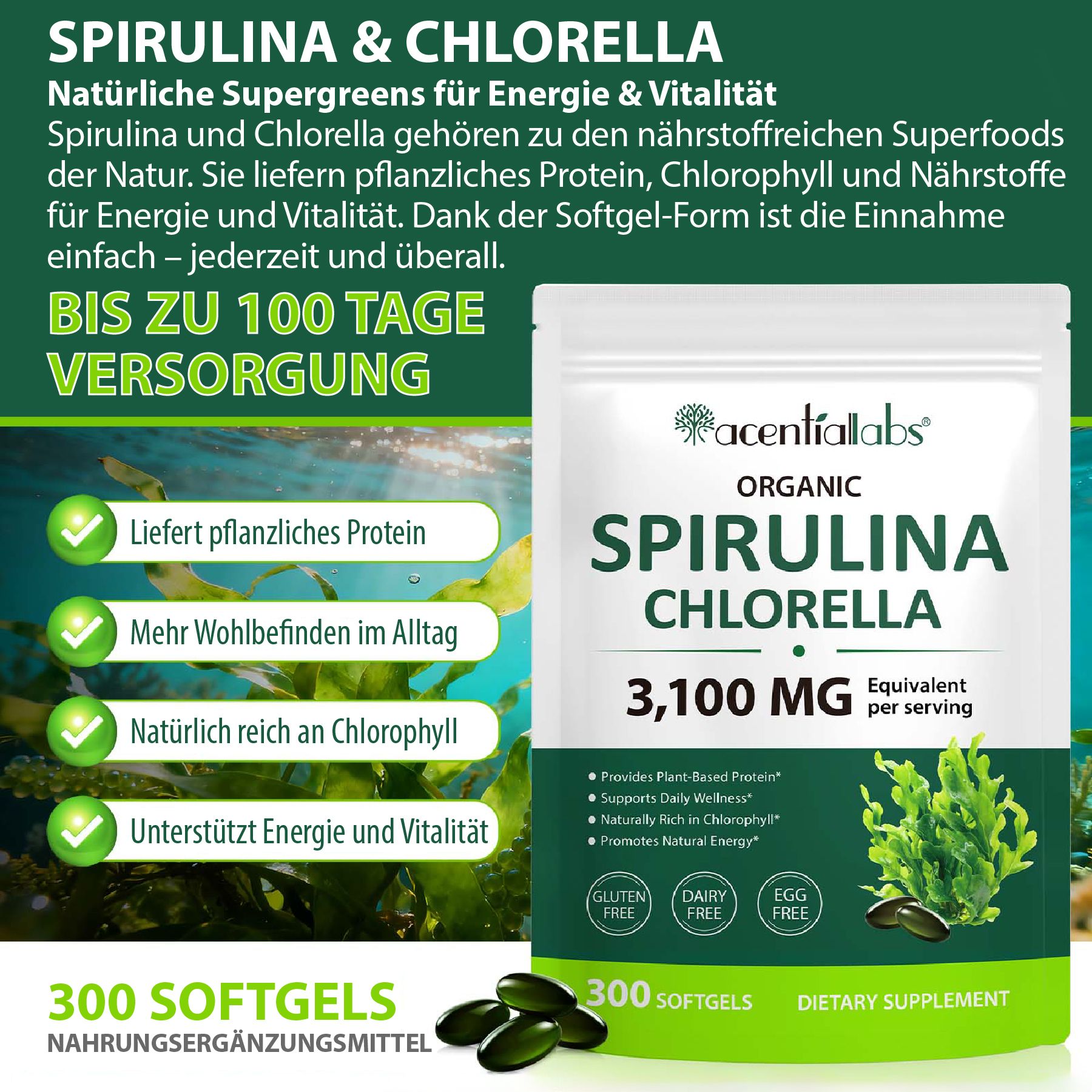 P-Beauty Spirulina Chlorella Softgels, 3100 mg, vegan. Mit Nährwertangaben und Algenabbildungen.