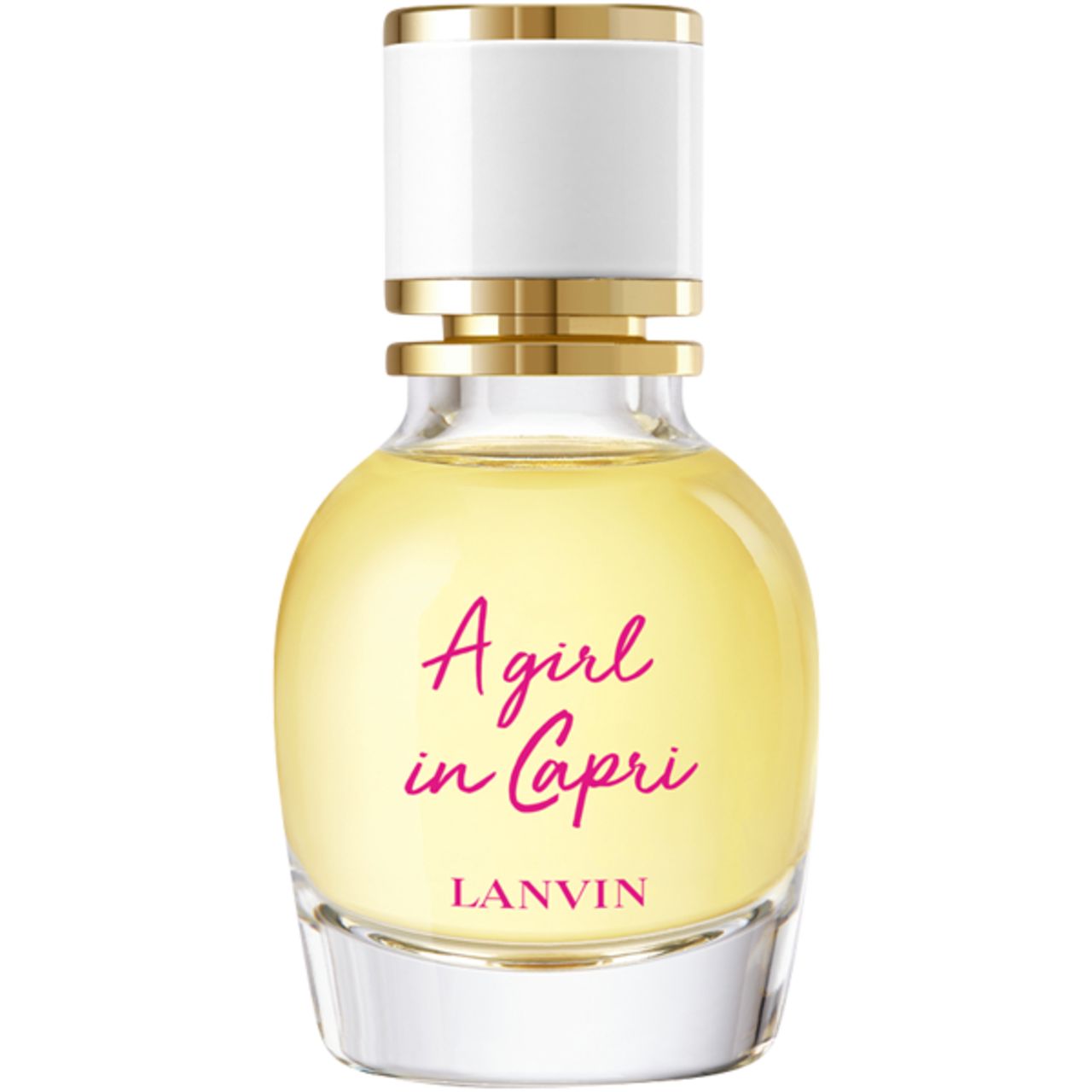 Parfümflakon mit gelber Flüssigkeit. Aufschrift: A girl in Capri, LANVIN. Weißer Deckel mit goldenen Akzenten.