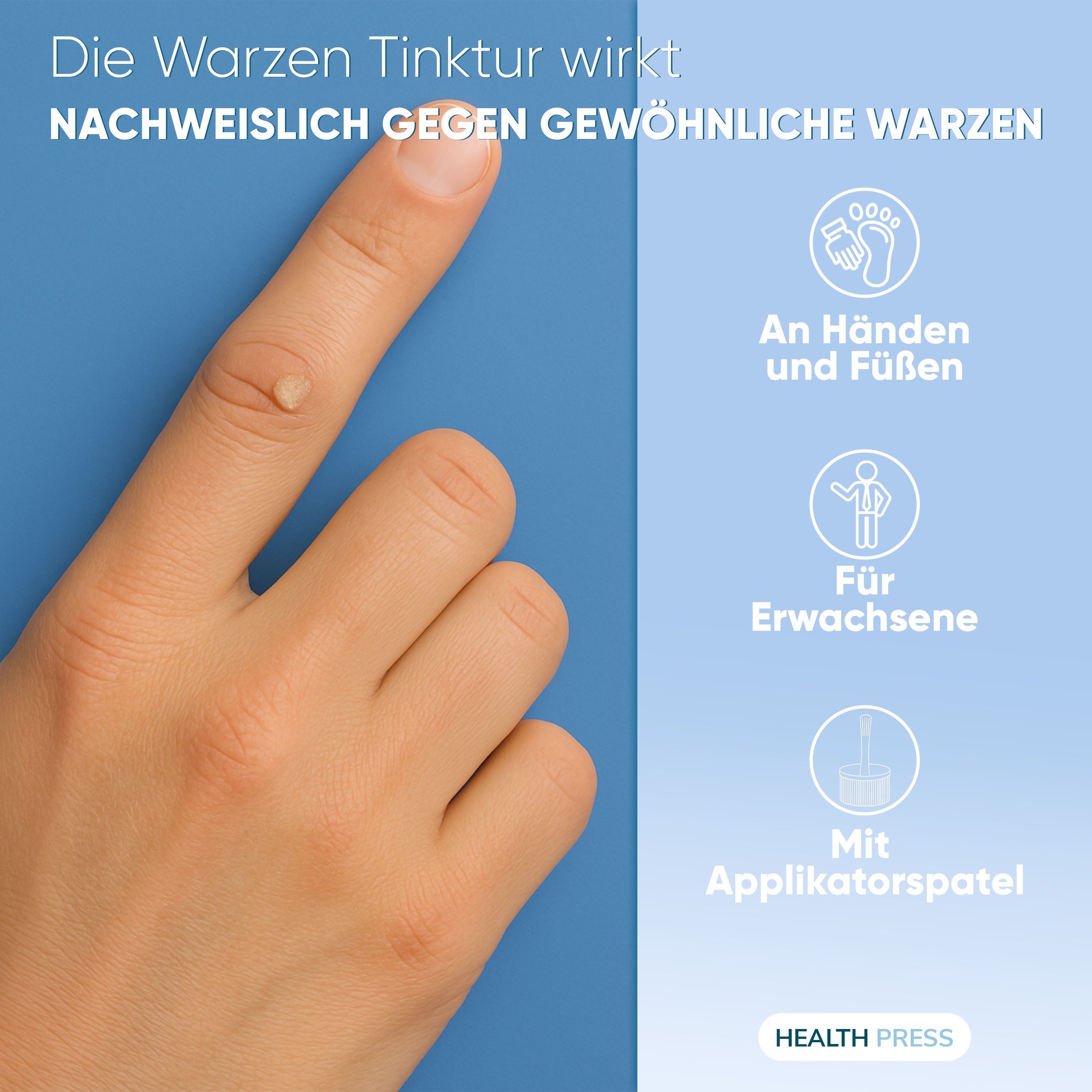 Hand mit Finger mit Warze. Text: Wirkt gegen gewöhnliche Warzen. Für Hände und Füße, Erwachsene, mit Applikatorspatel.