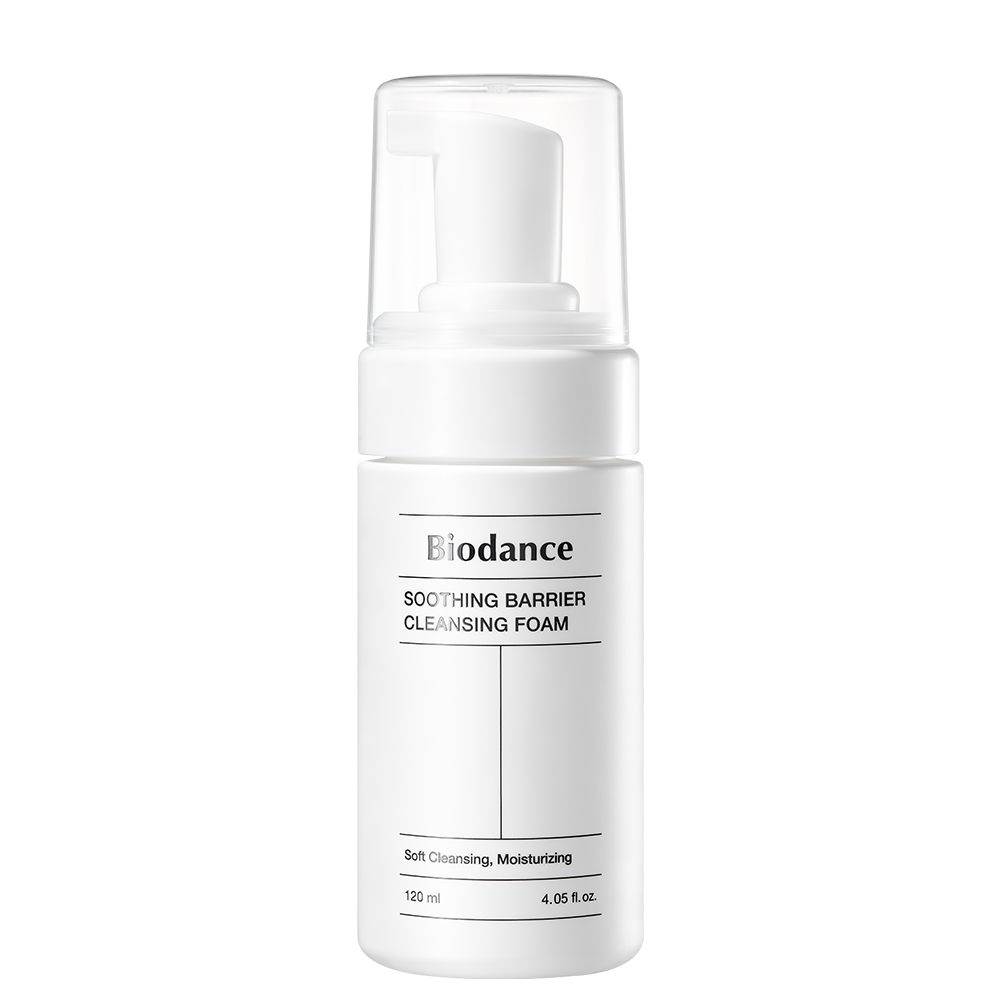 Weiße Flasche mit Pumpspender für Soothing Barrier Cleansing Foam.