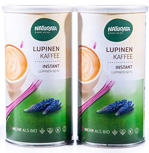 Zwei Dosen Naturata Lupinenkaffee Instant, mit Abbildung einer Tasse Kaffee und Lupinen.