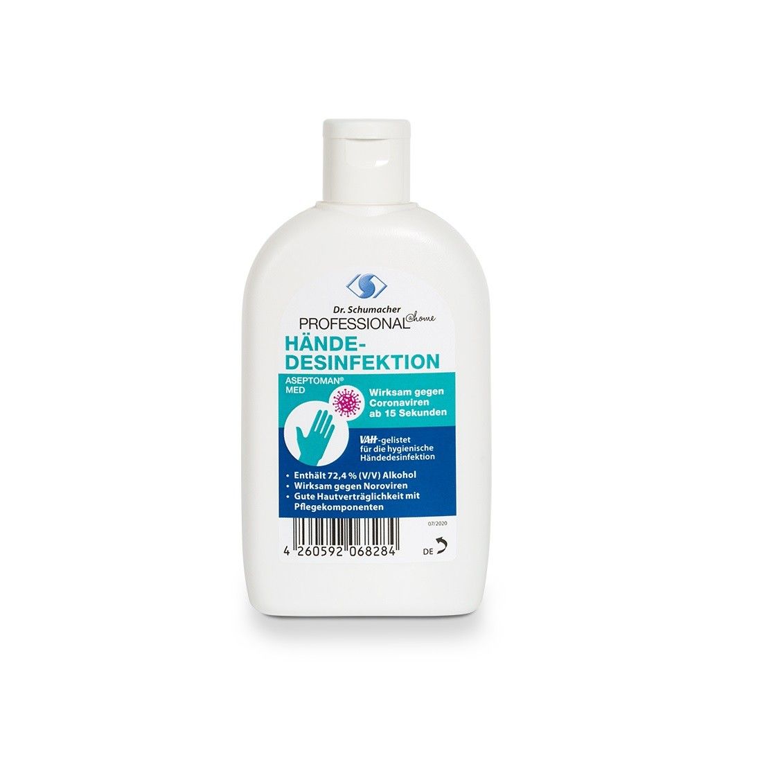 Weiße Flasche mit blau-grünem Etikett. Aufschrift: Dr. Schumacher Professional Hände-Desinfektion. Wirksam gegen Coronaviren.