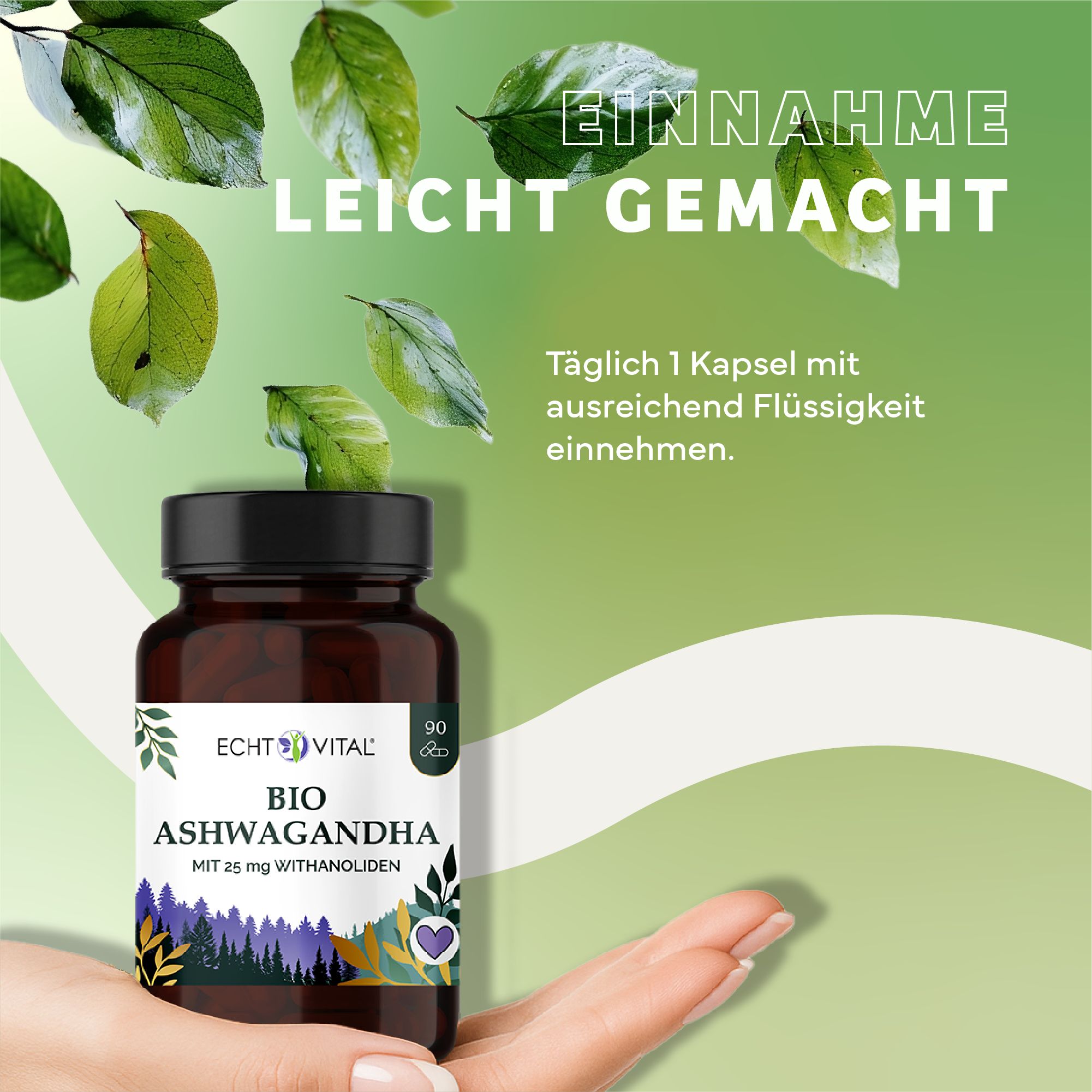 Braune Glasflasche mit schwarzem Deckel. Aufschrift: Echt Vital Bio Ashwagandha. Etikett mit Text und Blättern. Hand hält Flasche.
