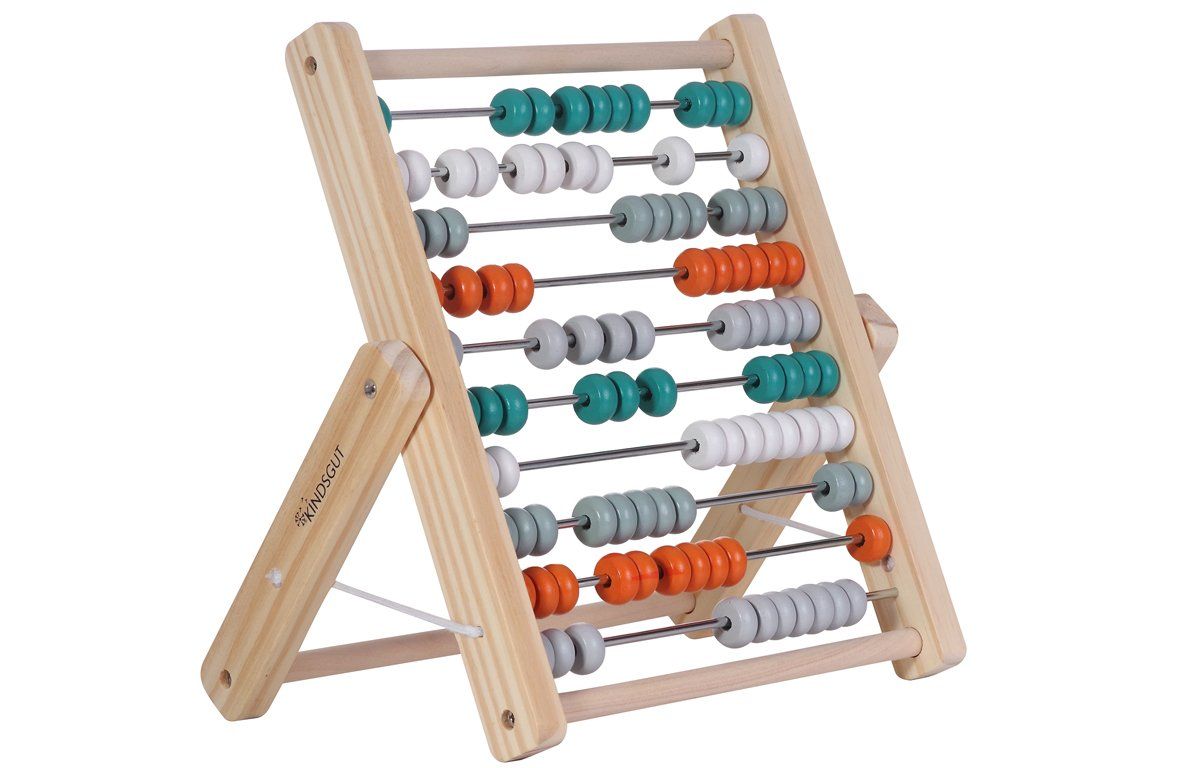 Abakus aus Holz mit farbigen Kugeln. Die Kugeln sind in Reihen angeordnet. Das Gestell ist aus Holz. Das Produkt steht aufrecht.
