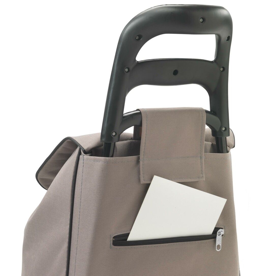 Detailansicht des METALTEX Shopping-Trolley Krokus mit Kühltasche. Schwarzer Griff. Reißverschlusstasche. Karte.