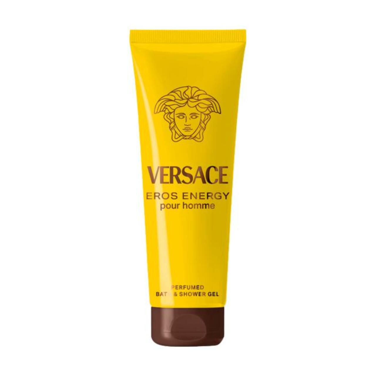 Gelbe Tube mit braunem Verschluss. Aufschrift: VERSACE, EROS ENERGY pour homme. Logo: Medusa-Kopf.
