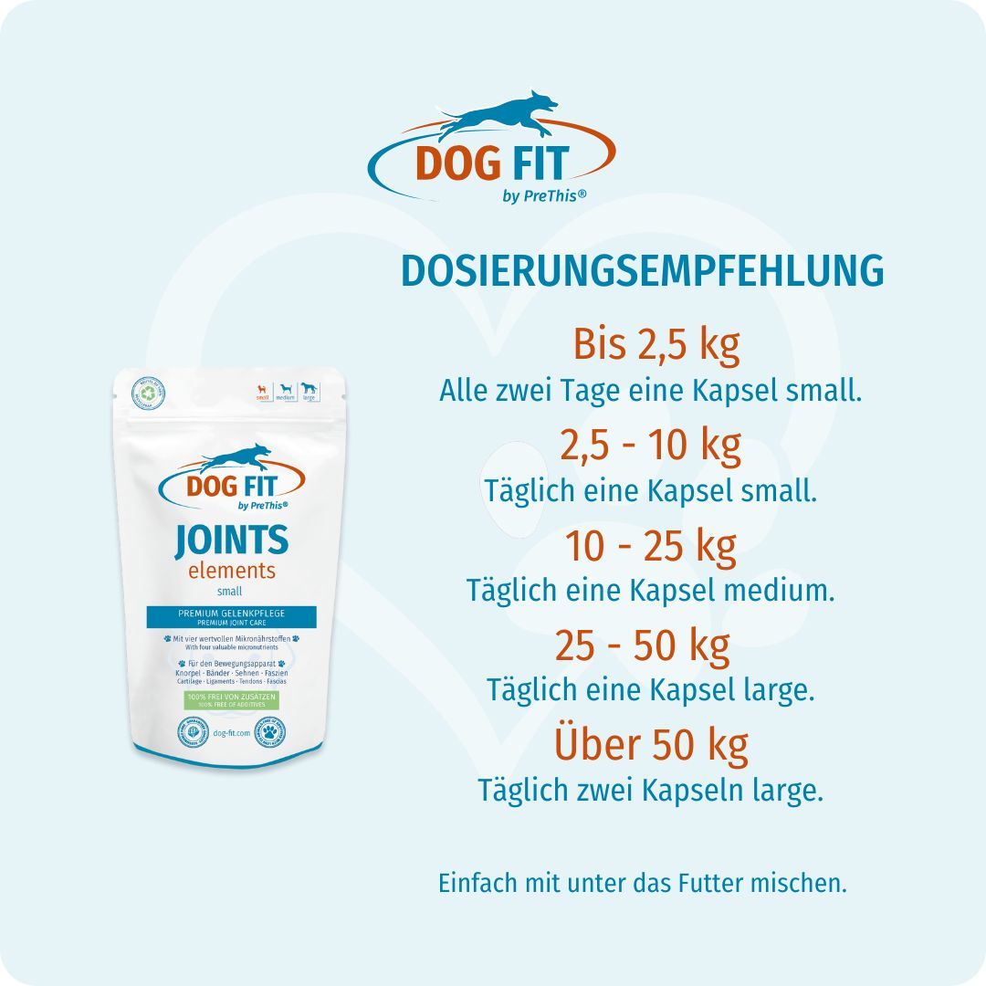DOG FIT by PreThis® JOINTS elements small. Beutel. Dosierungsempfehlung: Bis 2,5 kg: 1 Kapsel. 2,5-10 kg: 1 Kapsel. 10-25 kg: 1 Kapsel medium.