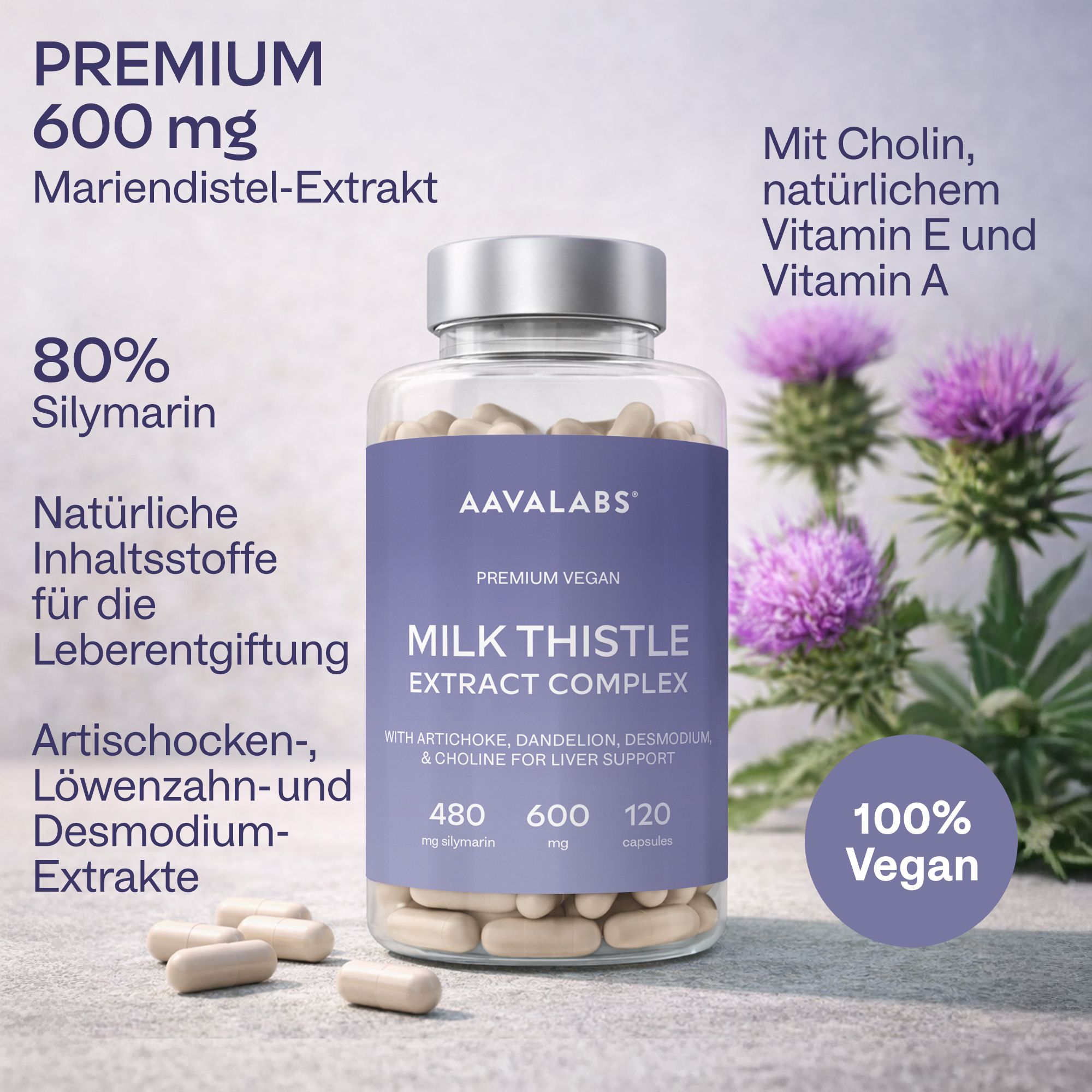 Flasche mit Mariendistel-Extrakt-Komplex neben einer Illustration von Distelblüten.