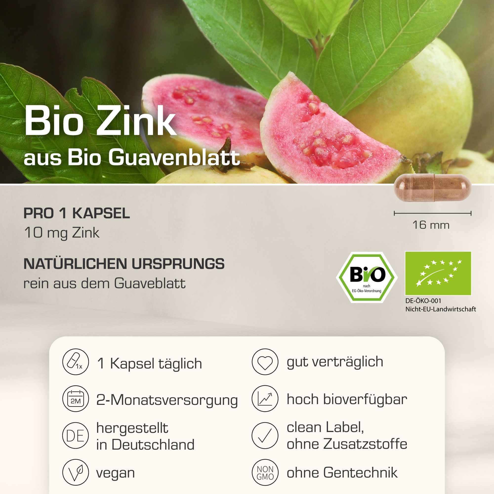 Kapsel mit 16 mm, Bio Zink aus Guavenblatt. Enthält 10 mg Zink. Vegan, ohne Gentechnik, hergestellt in Deutschland.