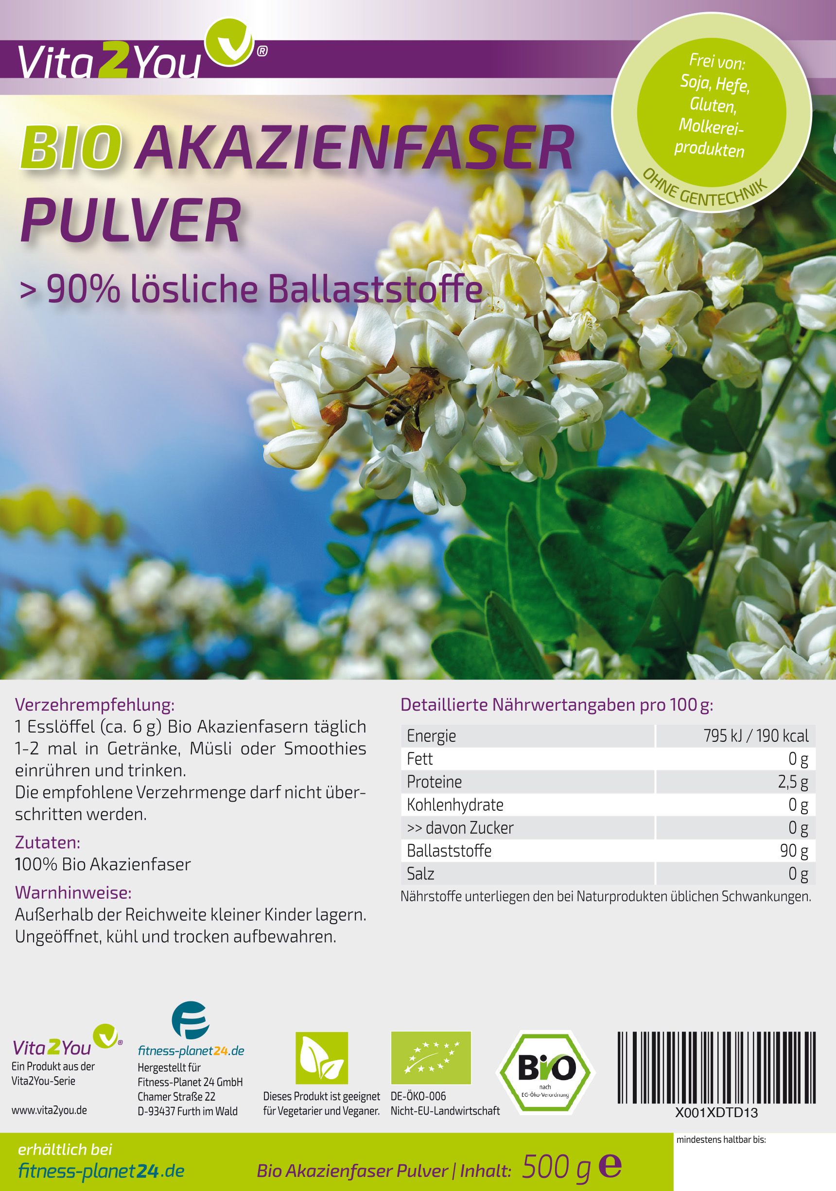 Verpackung mit Vita2You Bio Akazienfaser Pulver. Text: >90% lösliche Ballaststoffe. Bio-Siegel. Inhalt: 500 g. Weiße Blüten.