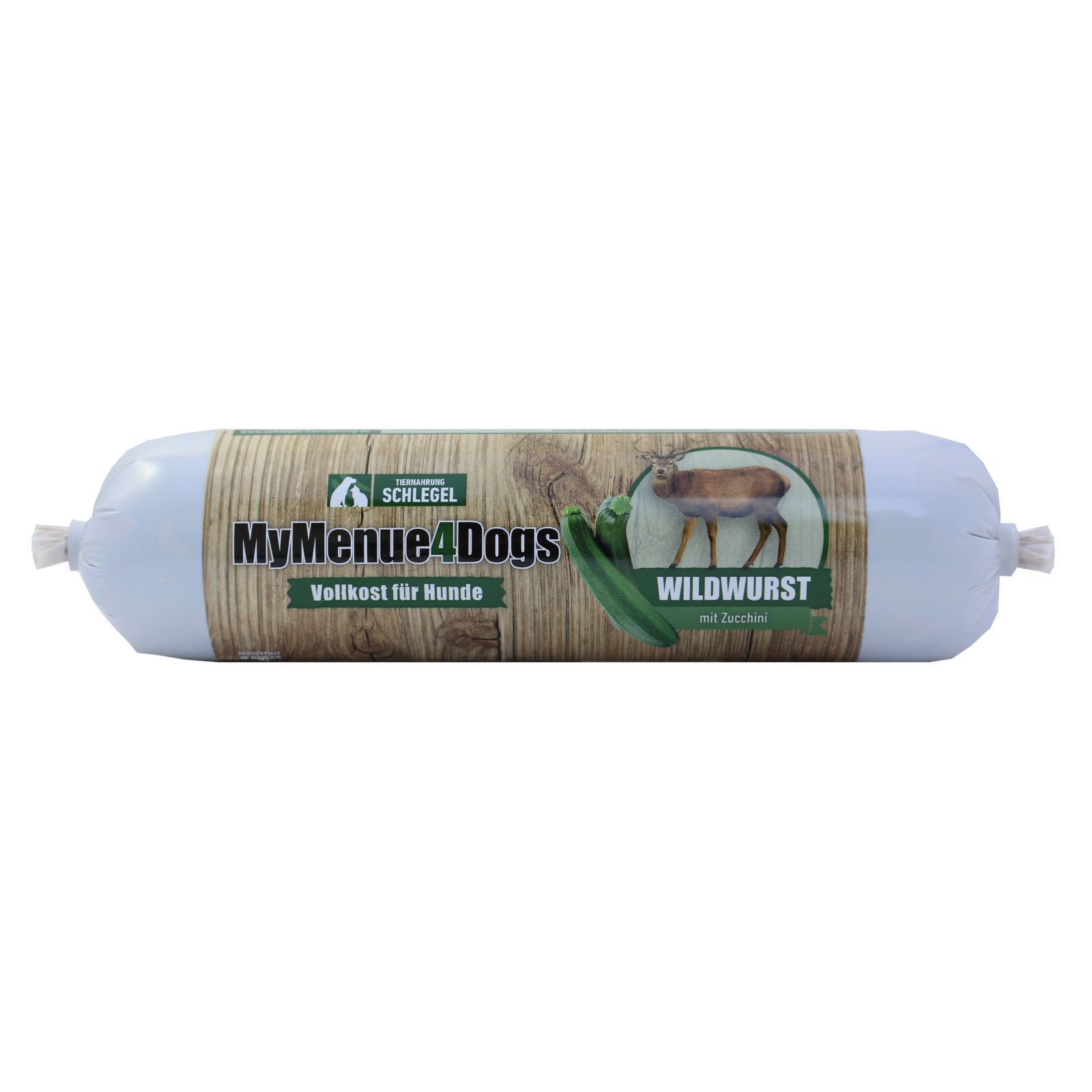 Wurst für Hunde. Zylindrische Form, weiße Verpackung. Aufdruck mit Logo, Text und Abbildung eines Hirsches. "Wildwurst mit Zucchini".