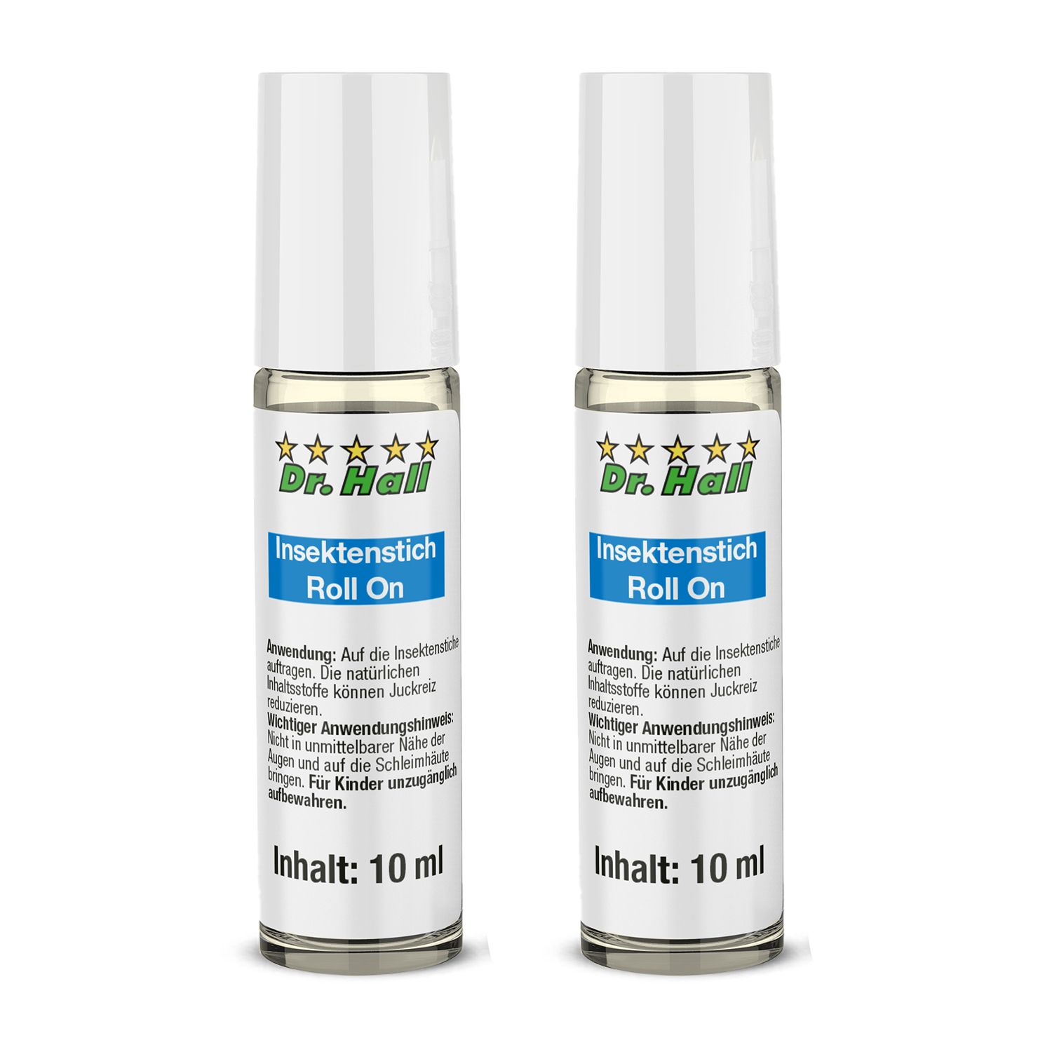 Zwei Roll-On-Flaschen mit weißem Deckel. Aufschrift: Dr. Hall Insektenstich Roll On. Inhalt: 10 ml.