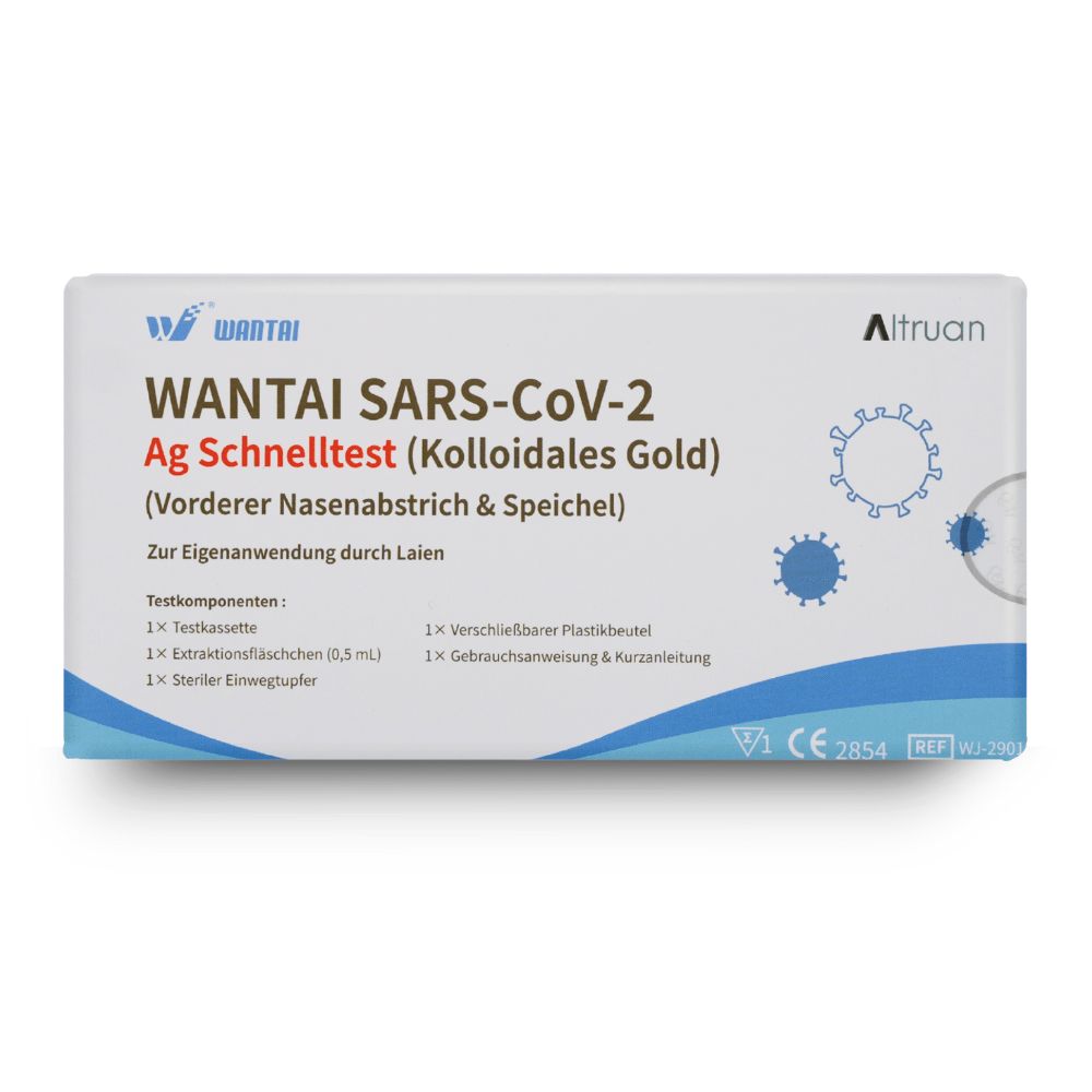 Wantai SARS-CoV-2 Ag Schnelltest-Packung. Enthält Testkassette, Extraktionsfläschchen, Tupfer, Beutel, Anleitung. Weiß-blaue Verpackung.