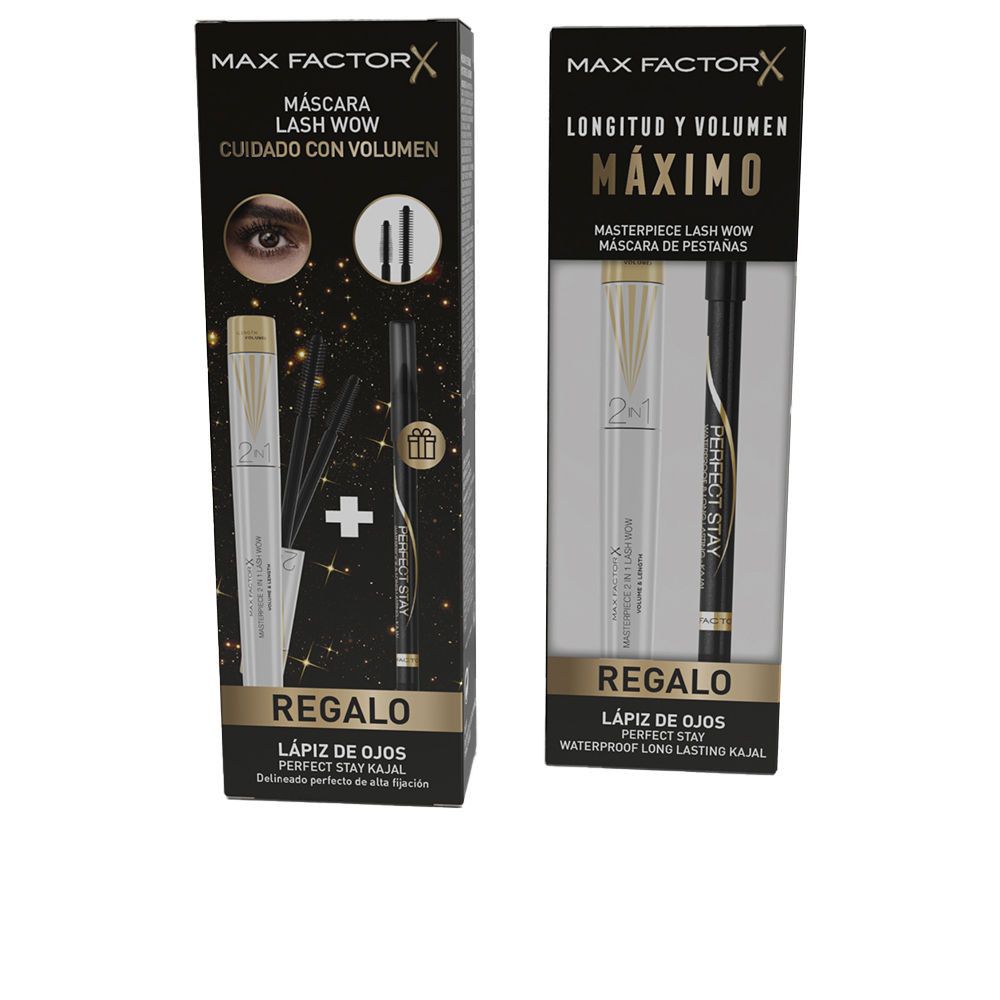 Zwei Kosmetiksets. Jedes Set enthält Mascara und Kajalstift. Schwarze Verpackung mit goldfarbenen Akzenten. Markenname: Max Factor.
