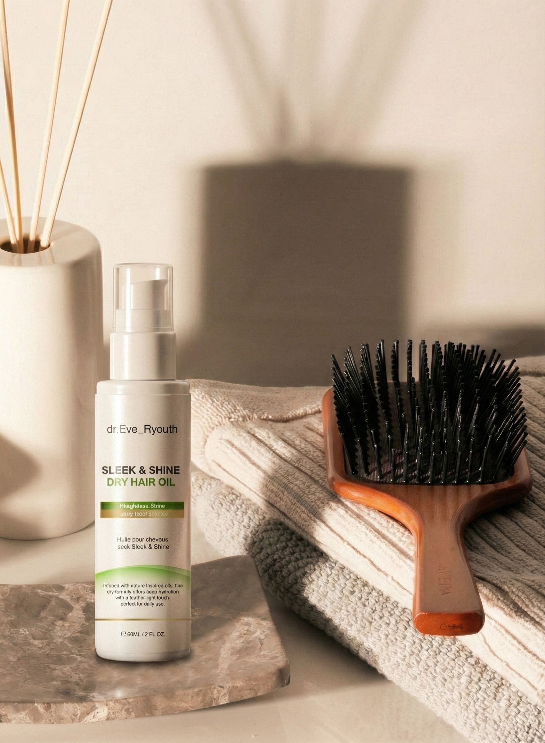Eine Flasche Sleek & Shine Trockenöl für Haare steht neben einem Kamm und gefalteten Handtüchern.