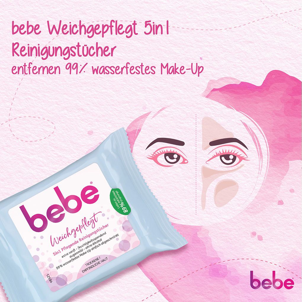 Bebe Reinigungstücher 5in1. Blaue Verpackung mit Illustration von Augen. Entfernt wasserfestes Make-up.