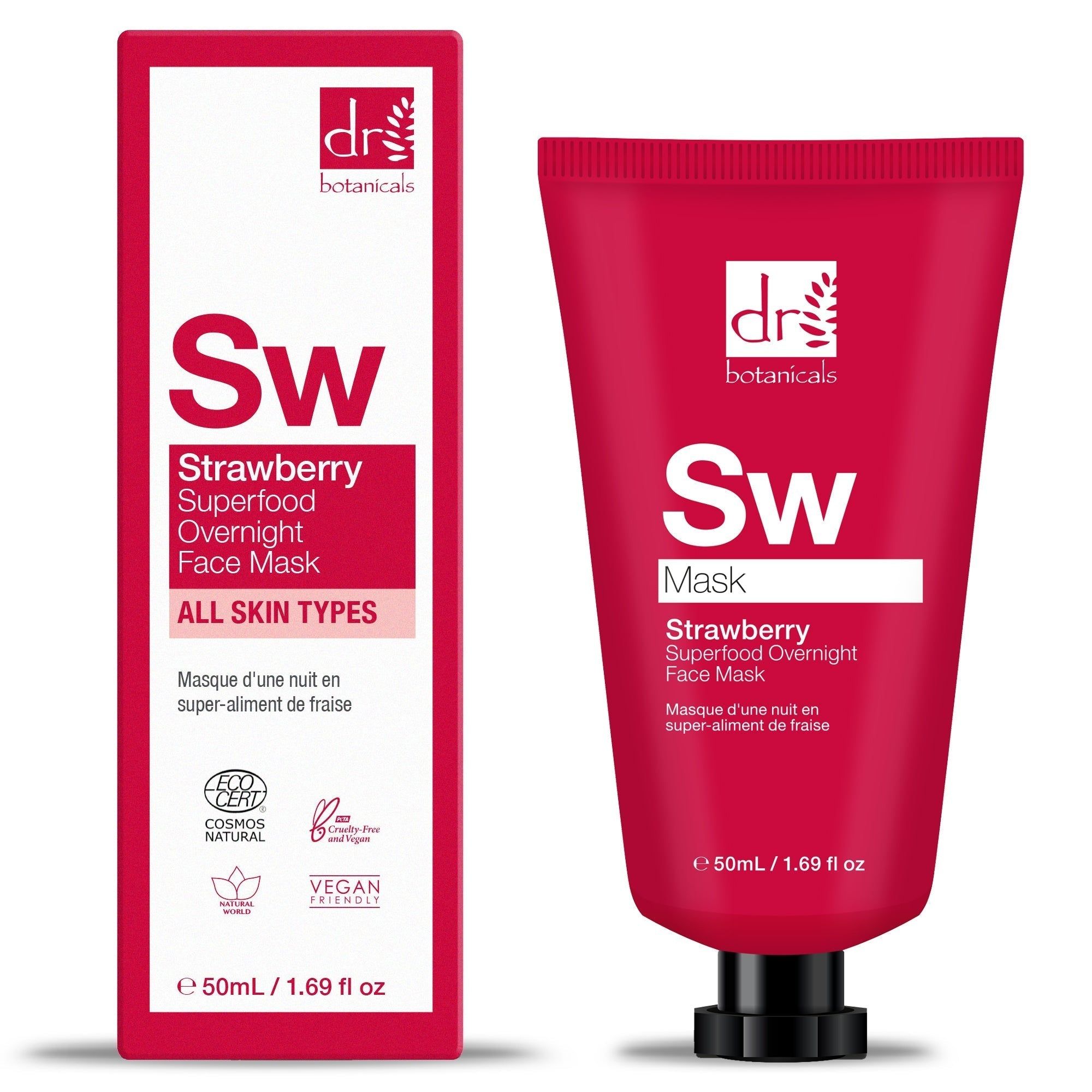 Rote Tube und Schachtel. Aufschrift: Dr Botanicals, Sw Mask, Strawberry Superfood Overnight Face Mask. Vegan-Siegel.