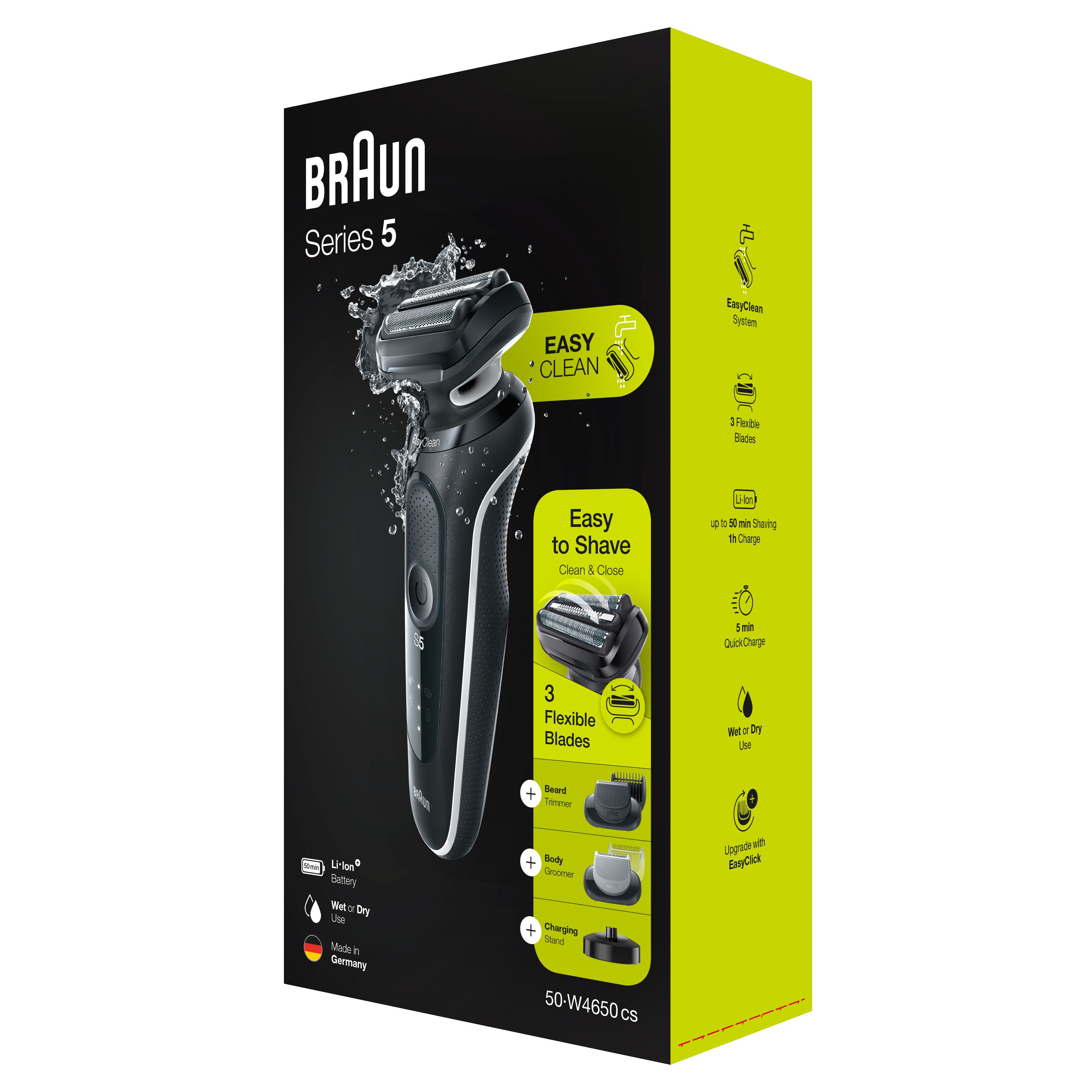 Verpackung des Braun Series 5 Elektrorasierers. Schwarze Box mit Produktabbildung und Text. 3 flexible Klingen, Nass- oder Trockenrasur.