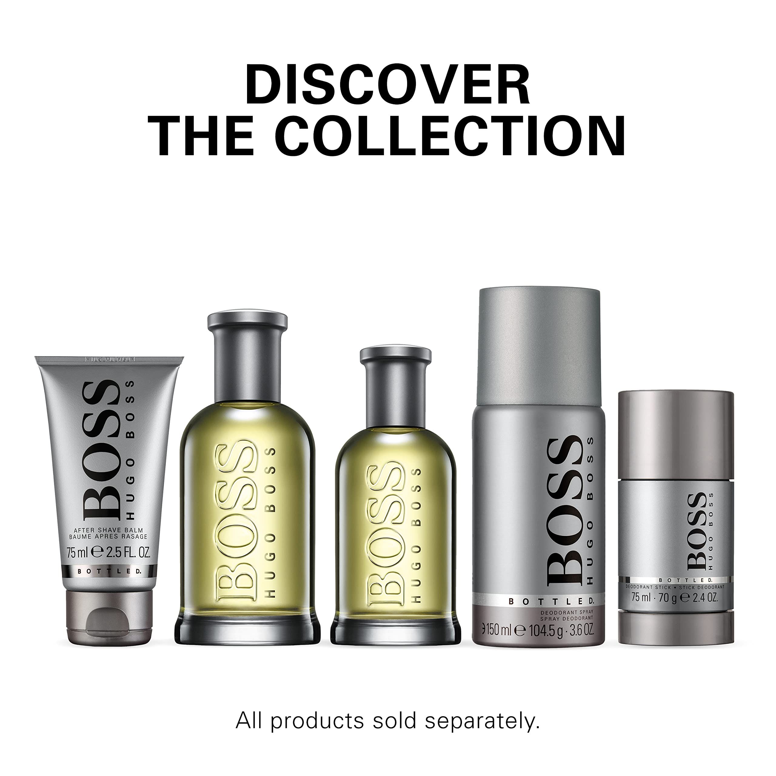 Kollektion von Hugo Boss Bottled Produkten: Lotion, Parfüm, Deospray, Stick.
