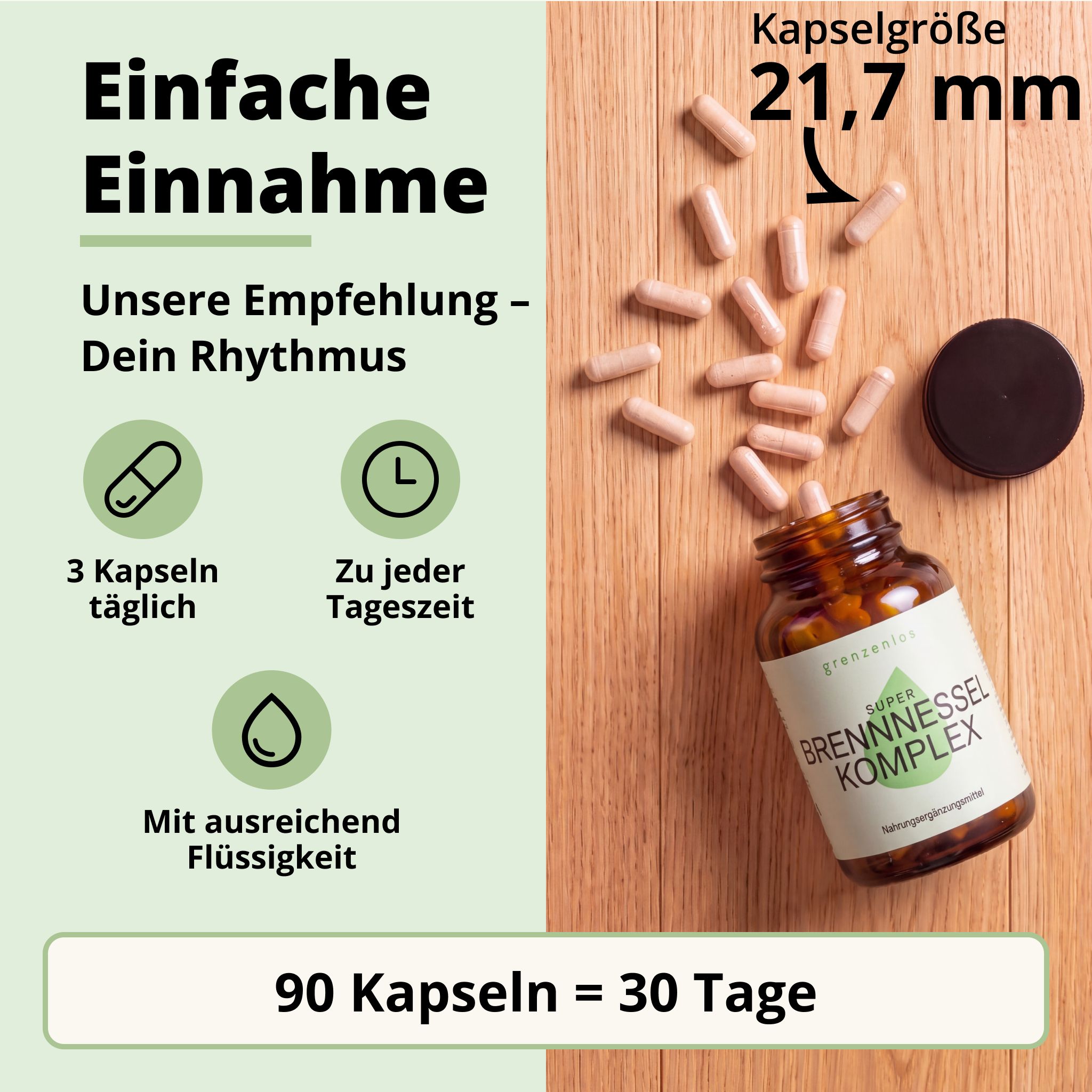 Flasche "grenzenlos SUPER BRENNNESSEL KOMPLEX" mit Kapseln. "90 Kapseln = 30 Tage". Kapselgröße 21,7 mm.