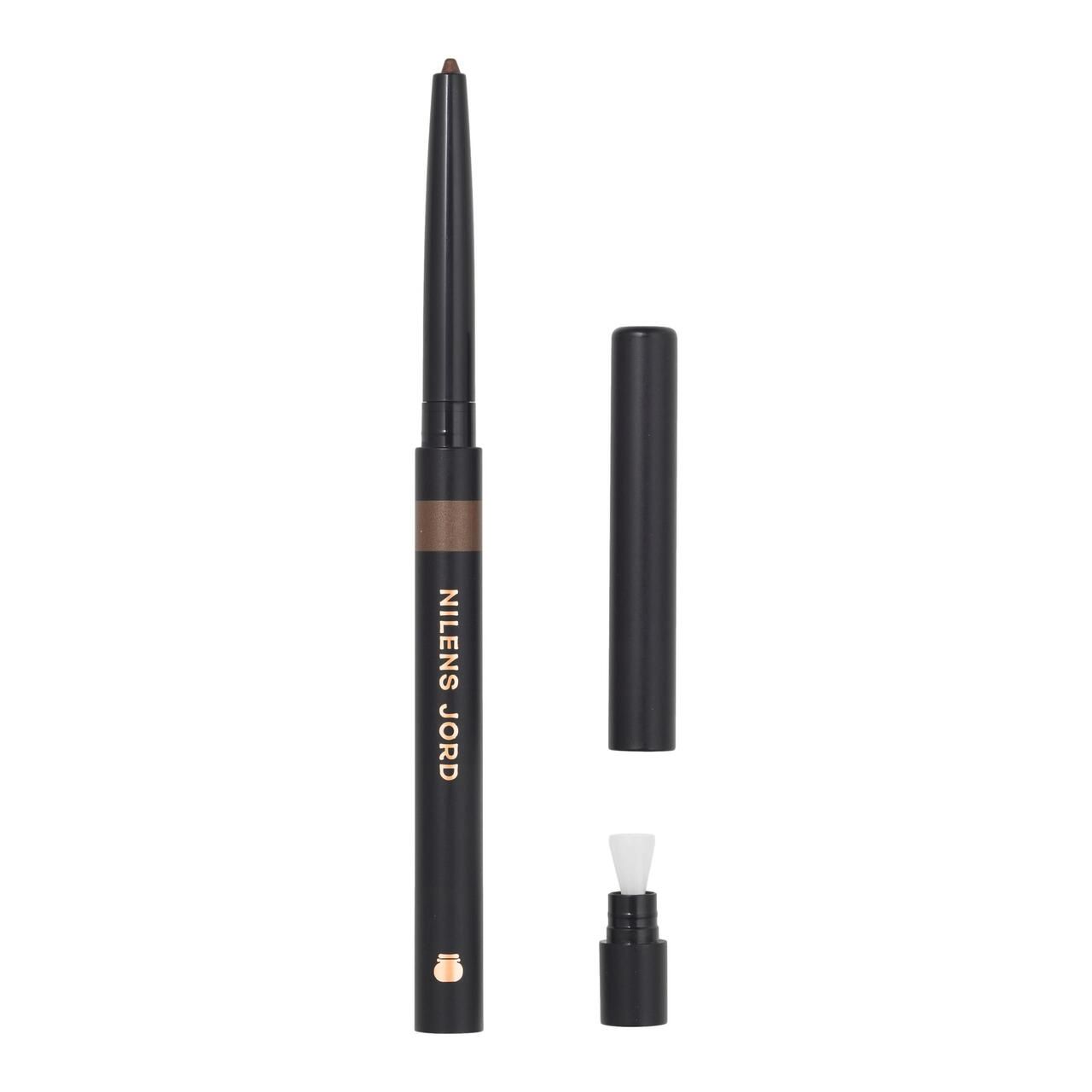 Schwarzer Eyeliner mit brauner Mine, geöffnet. Enthält einen Applikator und eine Kappe. Marke: Nilens Jord.