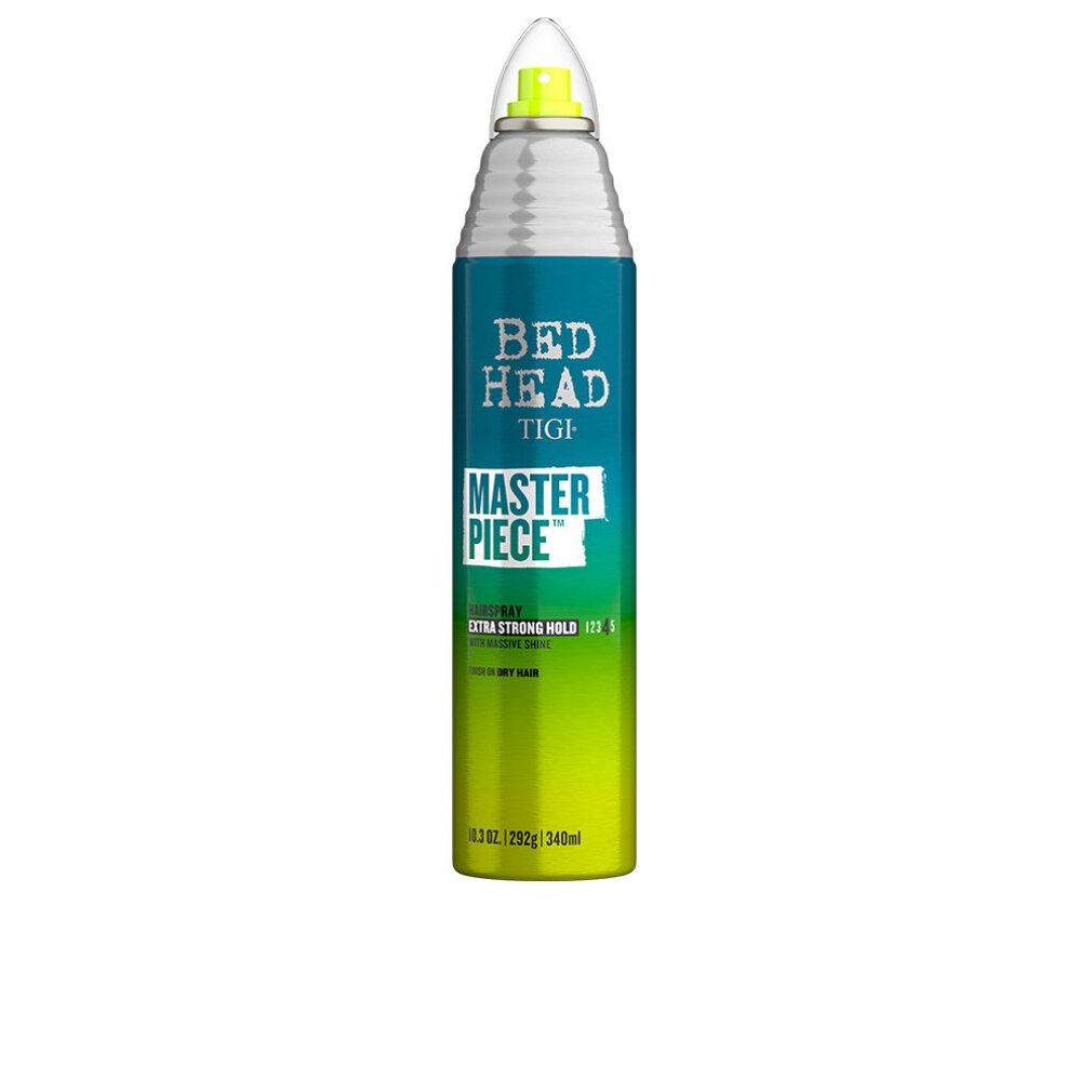 Haarspray-Flasche mit grün-blauem Design. Aufschrift: Bed Head Tigi Masterpiece. Extra starker Halt. 255g/340ml.