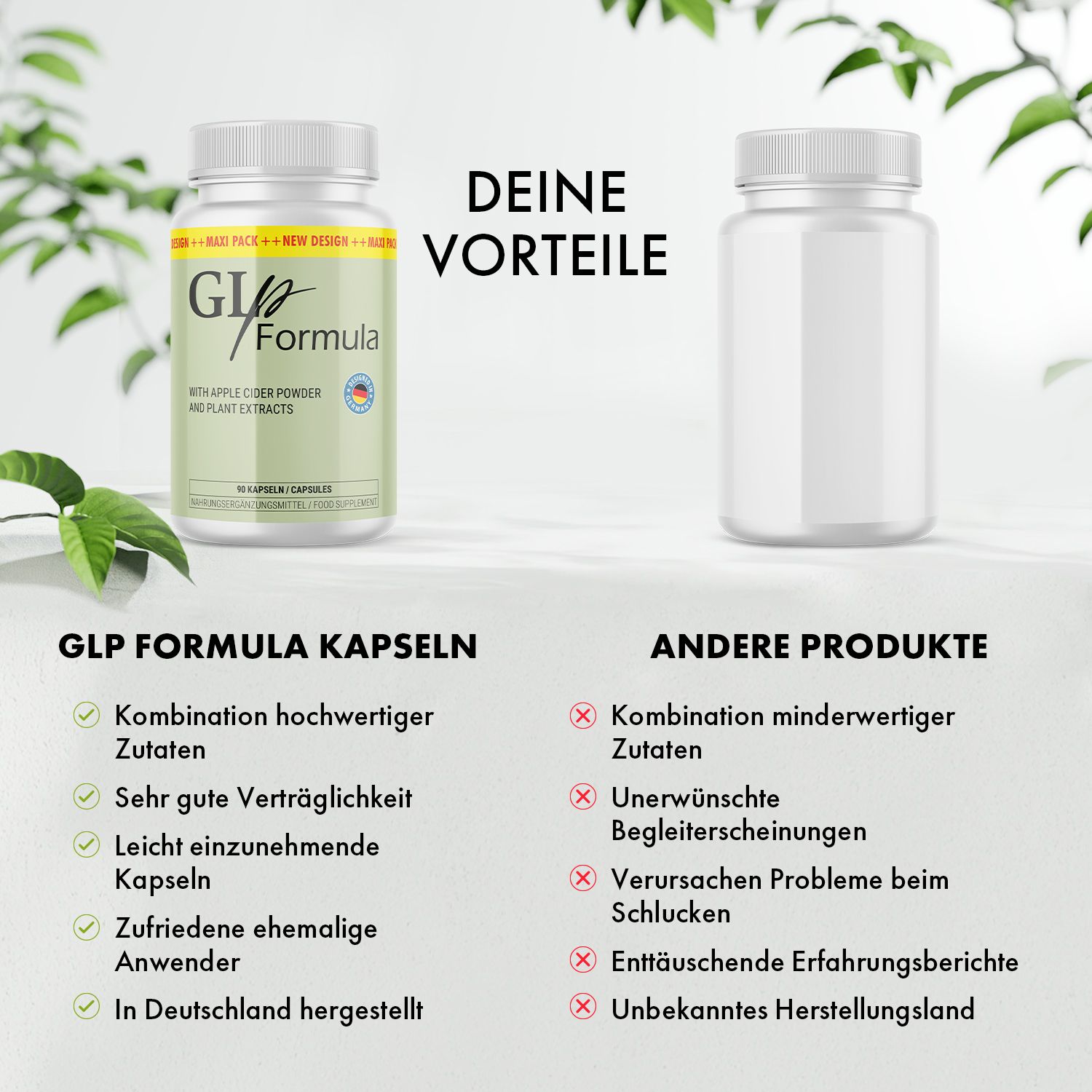 Vergleich von Pillenbehälter mit grüner Etikett und leerem Behälter. Aufschrift: GLp Formula, 90 Kapseln.