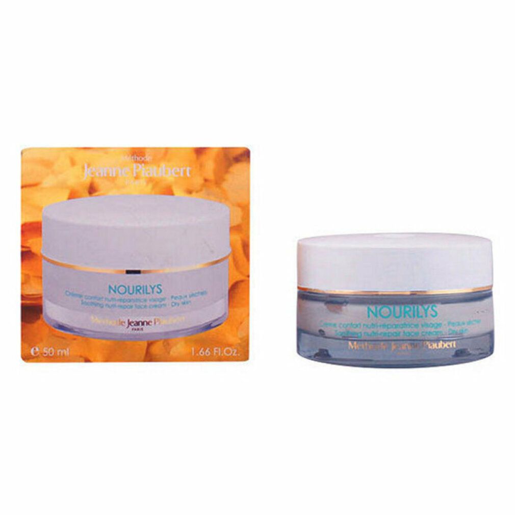 Creme-Tiegel und Verpackung. Text: Nourilys, Crème confort nutri-réparatrice visage - Peaux sèches. Verpackung: 50 ml, 1.66 FL.OZ.