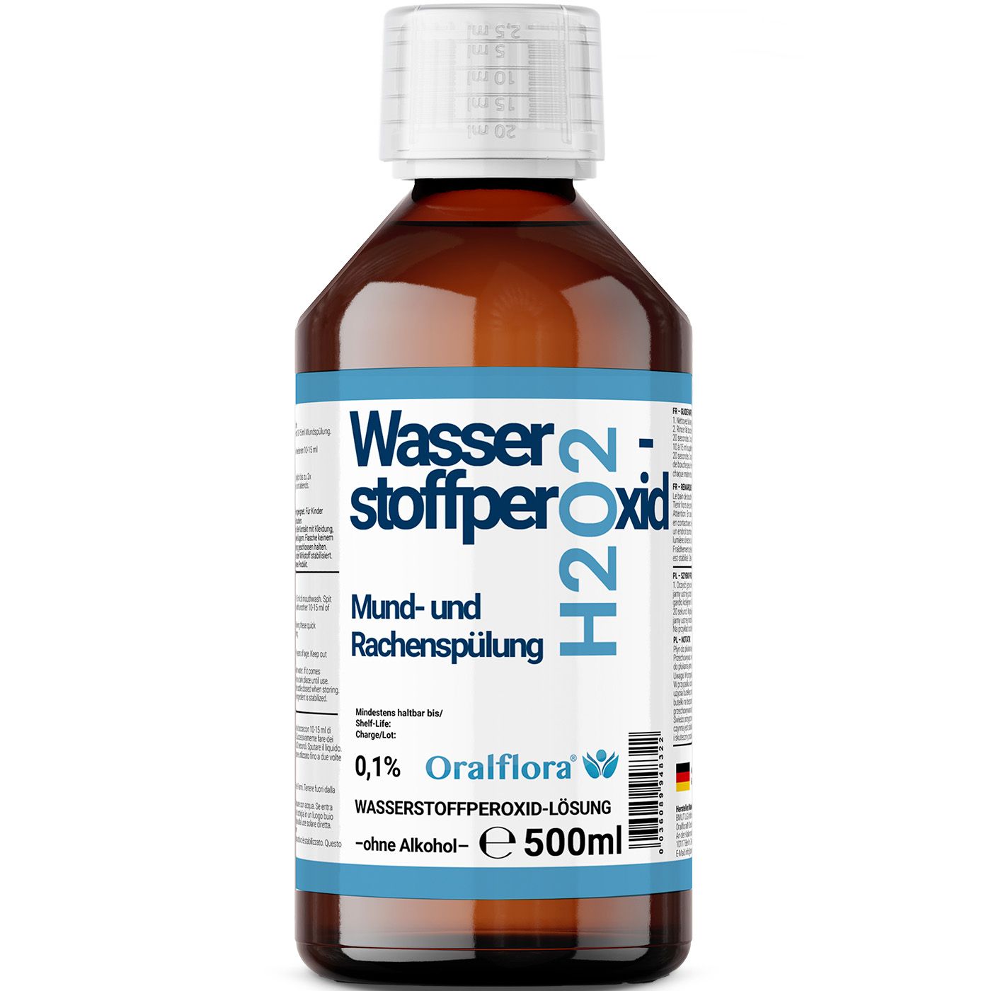 Braune Flasche mit weißem Deckel. Beschriftung: Wasserstoffperoxid H2O2, Mund- und Rachenspülung, 0,1% Oralflora.