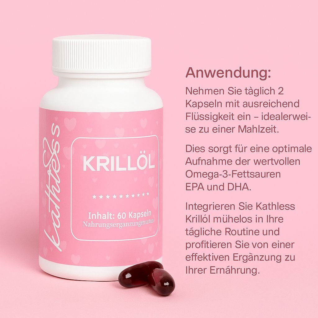 Flasche mit rosa Etikett. Krillöl, 60 Kapseln. Marke: Kathless. Zwei Kapseln daneben. Text: Anwendung, 2 Kapseln täglich.