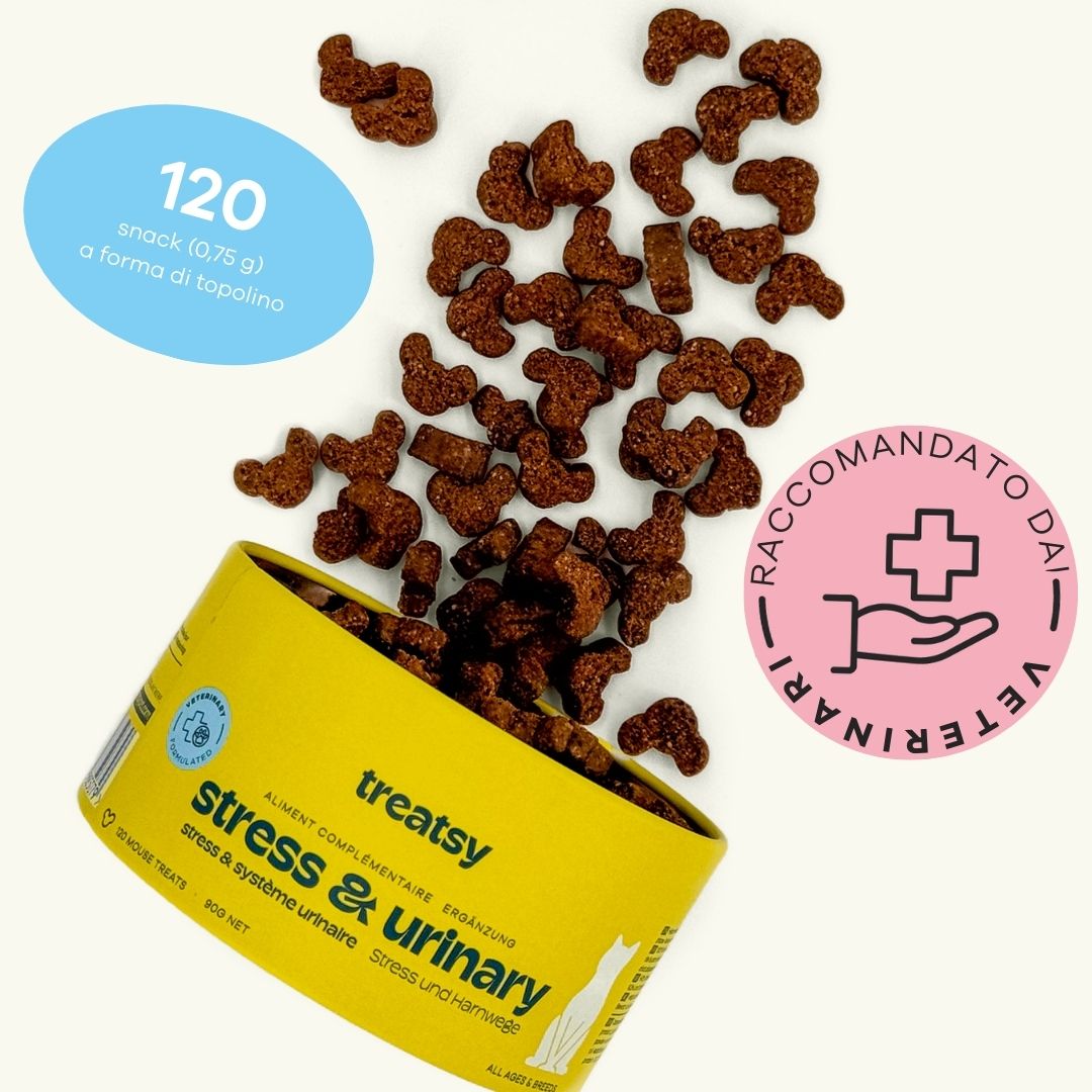 Braune, mausförmige Snacks und gelbe Dose mit "treatsy stress & urinary". Blaue und rosa Kreise.