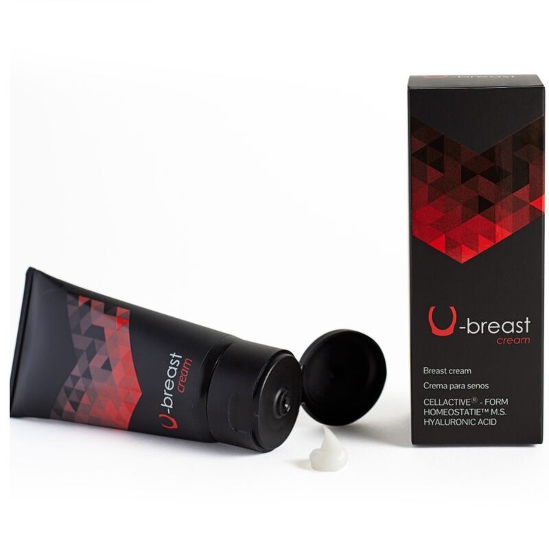 Schwarze Tube mit rotem geometrischem Muster und Aufschrift "U-Breast Cream". Daneben eine schwarze Verpackung.