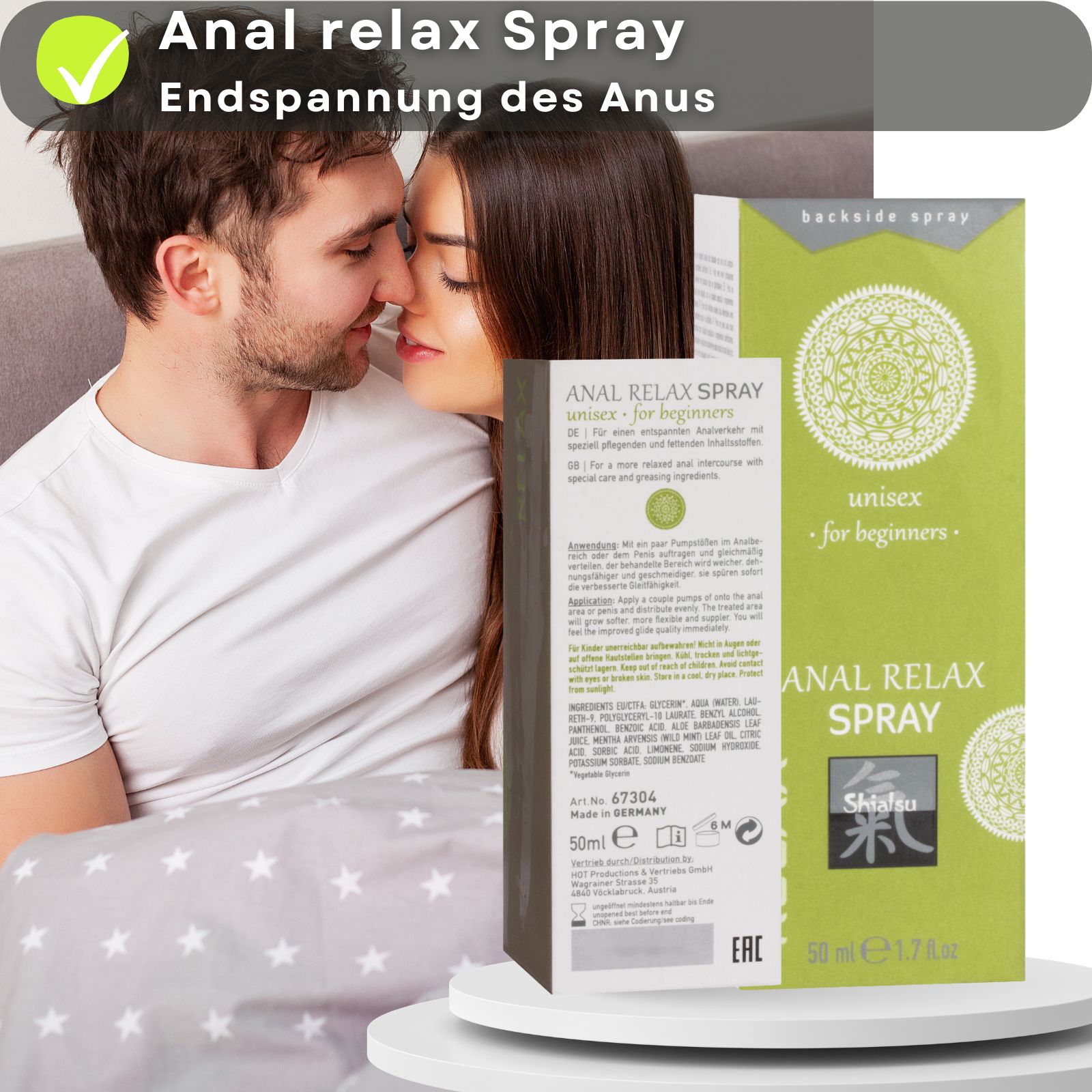 Produkt und Verpackung. Text: ANAL RELAX SPRAY, 50ml. Paar im Hintergrund.