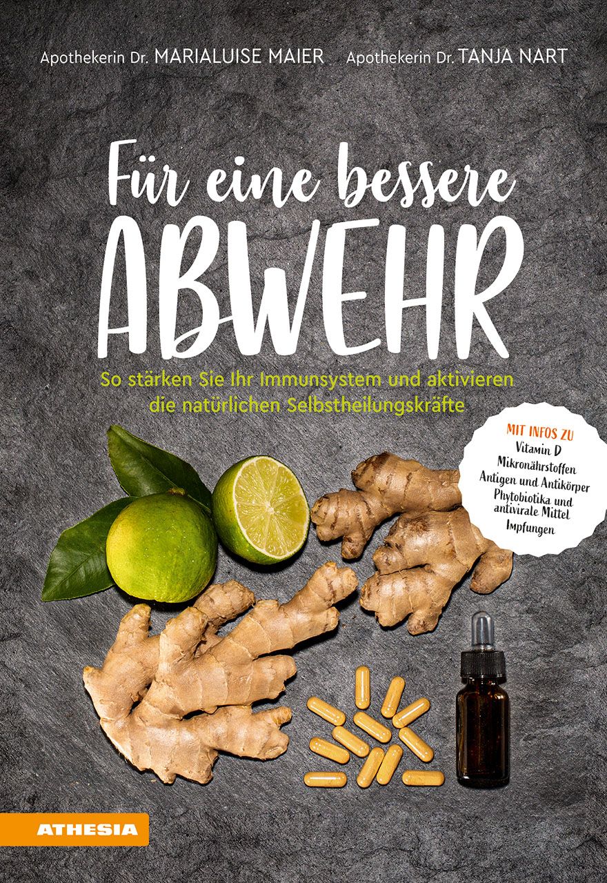 Buchcover mit Titel "Für eine bessere ABWEHR". Zitronen, Ingwer, Kapseln und eine Tropfflasche liegen daneben.