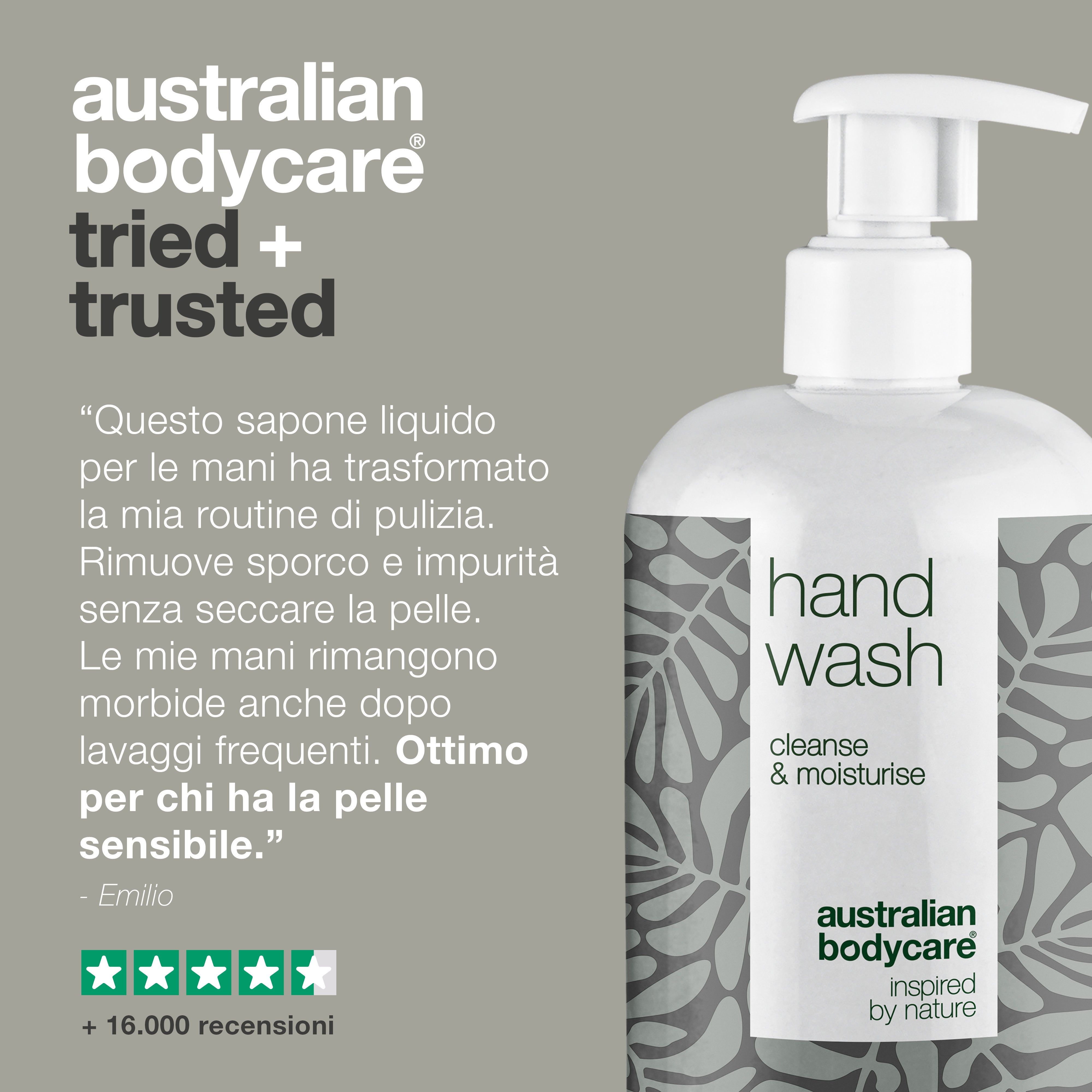 Flacone di sapone per le mani bianco con pompa, motivi a foglie grigie e testo. Scritta: "Hand Wash" e "Australian Bodycare".