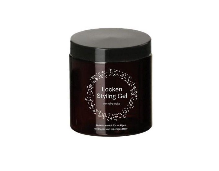 Braune Dose mit schwarzem Deckel. Aufschrift: Locken Styling Gel von Afrolocke. Text darunter.