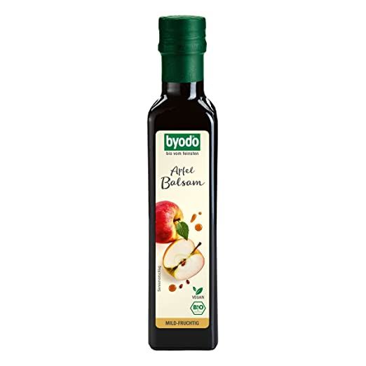 Byodo Apfel Balsam in dunkler Glasflasche mit grünem Schraubverschluss. Etikett mit Äpfeln und Bio-Siegel.