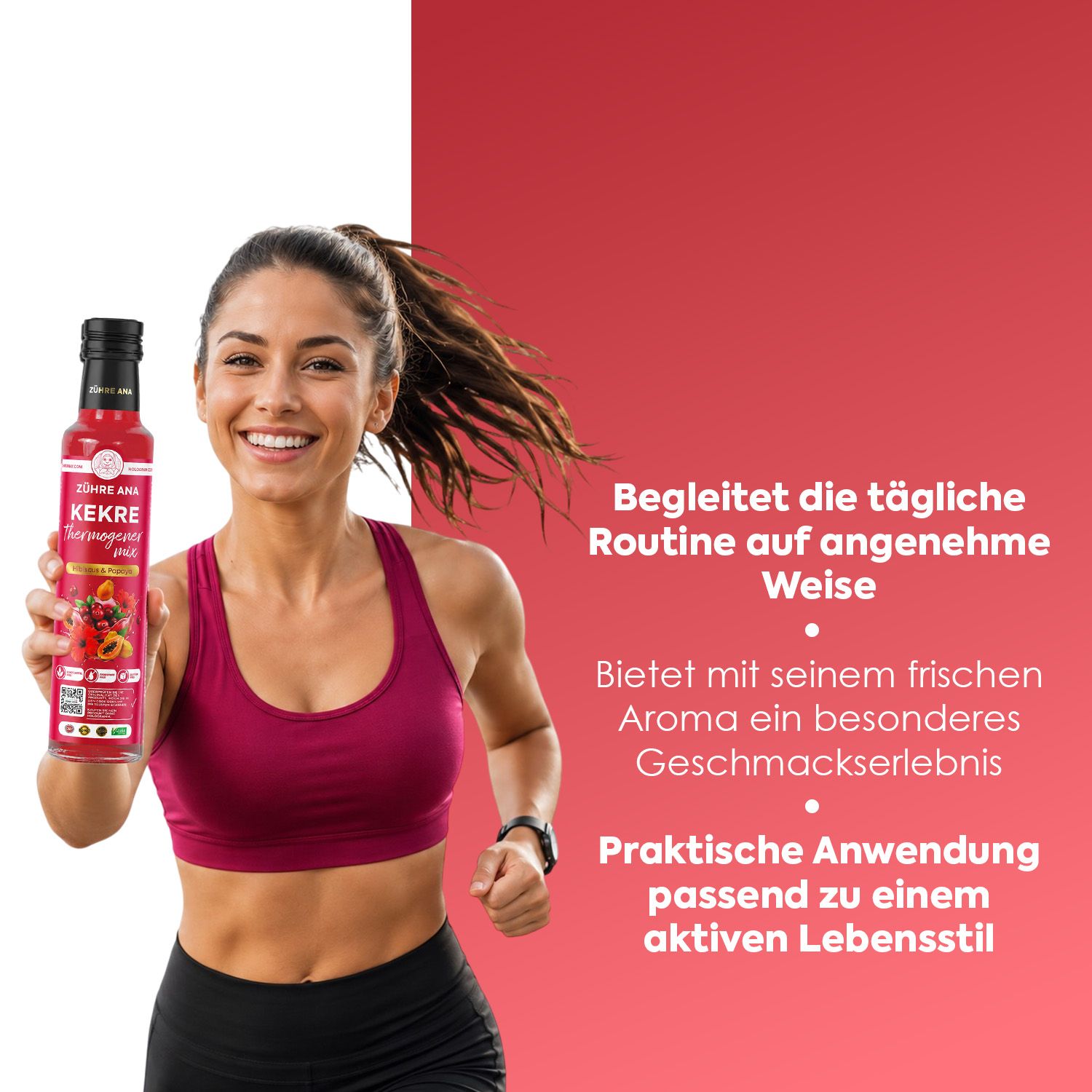 Läuferin hält Flasche Zühre Ana Kekre Thermogenic Mix. Sportliche Frau mit rotem Sport-Top.