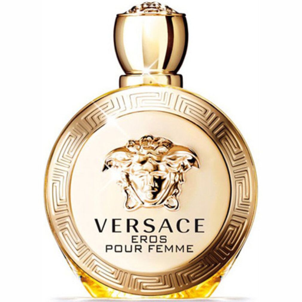 Goldfarbener Flakon. Aufschrift: VERSACE EROS POUR FEMME. Goldener Deckel.
