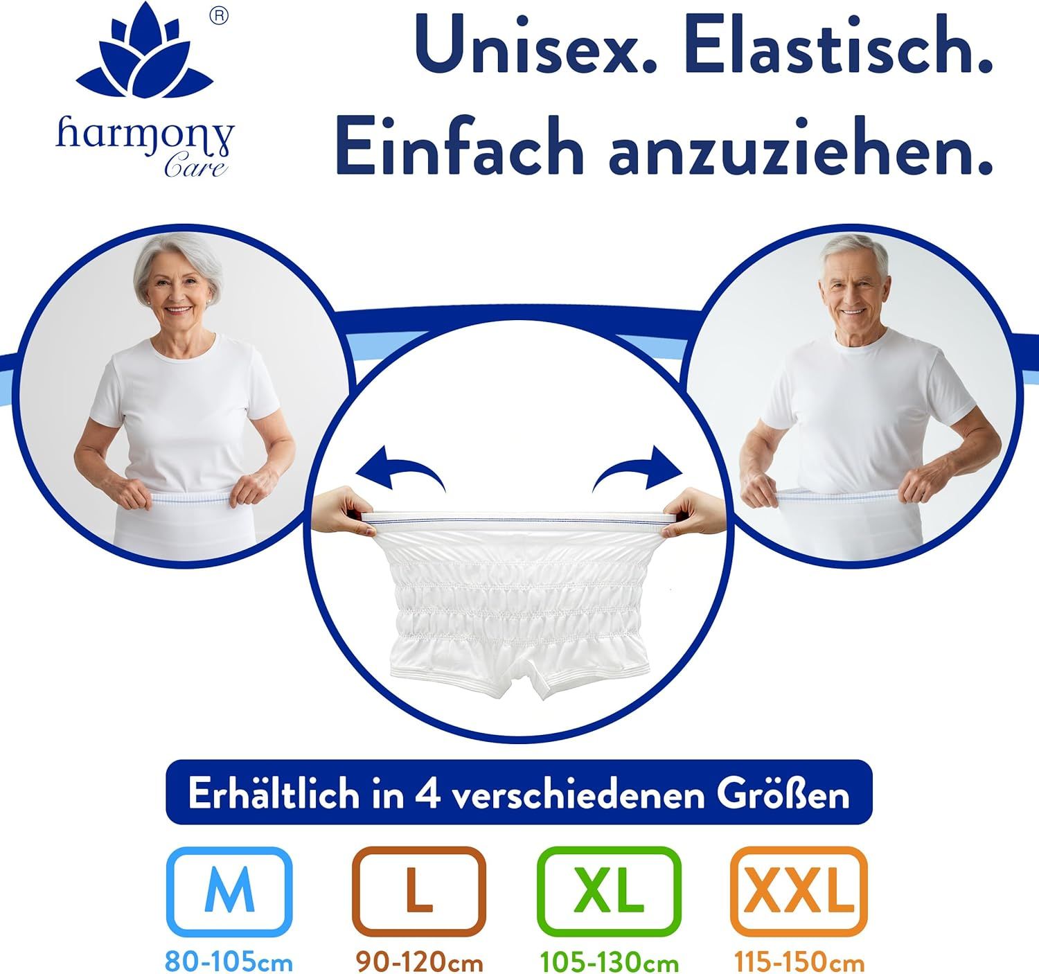Unisex Fixierhose, elastisch, einfach anzuziehen. Erhältlich in 4 Größen: M, L, XL, XXL.