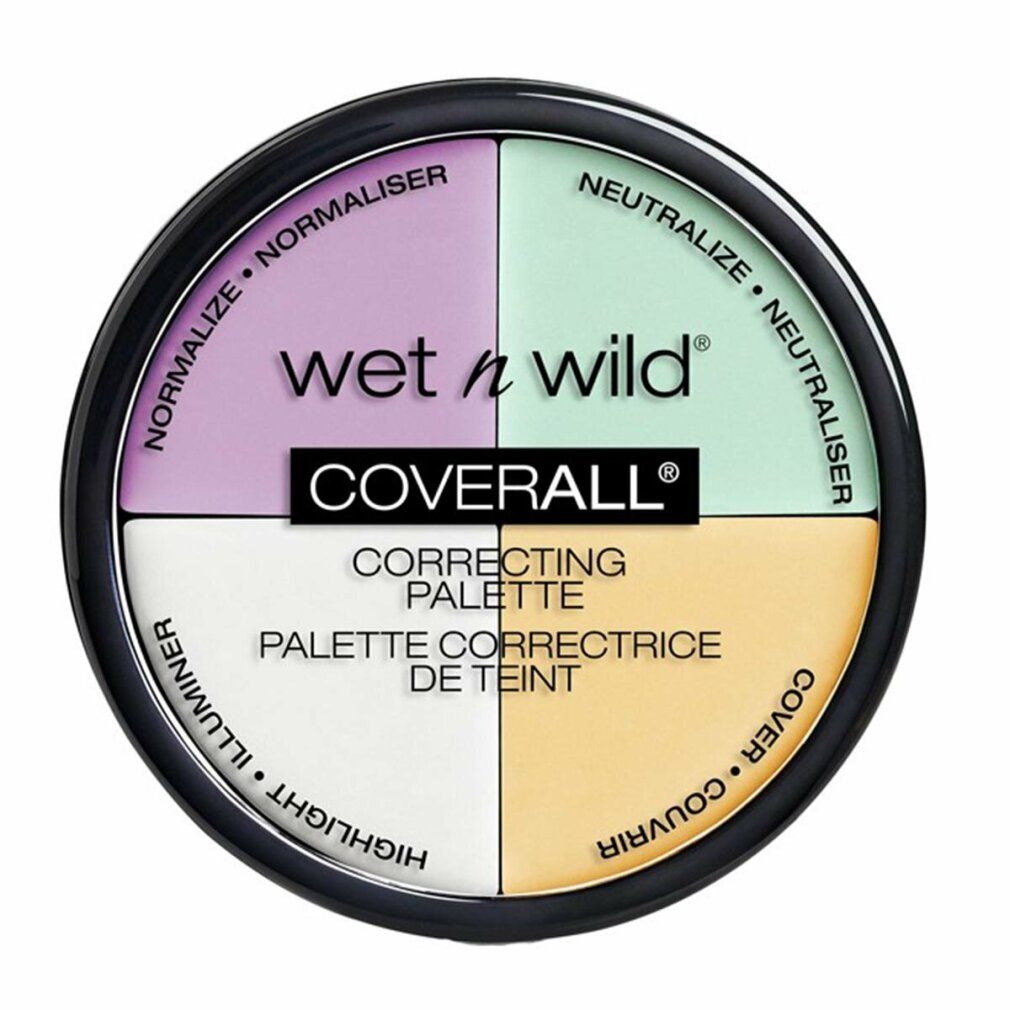 Runde, schwarze Wet n Wild Coverall Correcting Palette. Vier farbige Bereiche: Lila, Grün, Weiß und Gelb. Text: Normalisieren, Neutralisieren, Aufhellen, Abdecken.