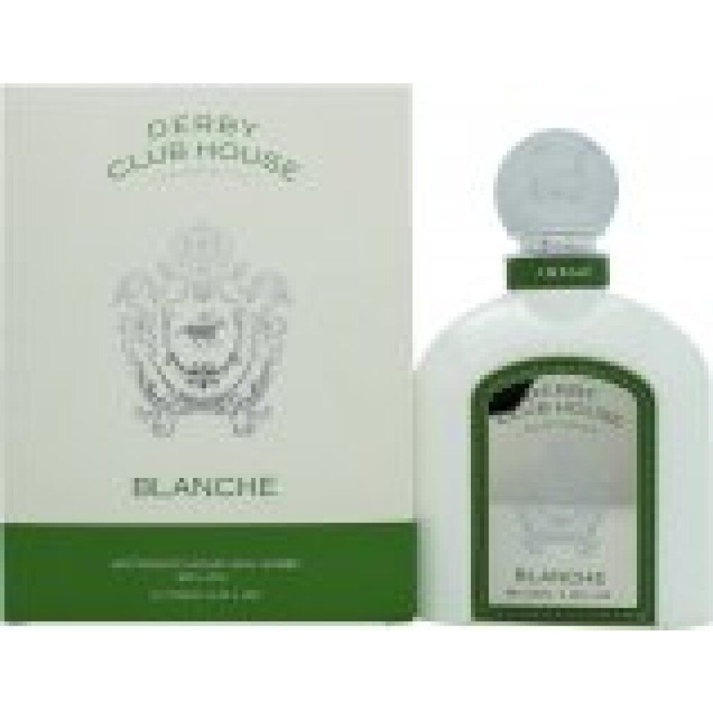 Weiße Flasche und Verpackung. Flasche mit silbernem Deckel, grünem Etikett. Verpackung: DERBY CLUB HOUSE, BLANCHE.