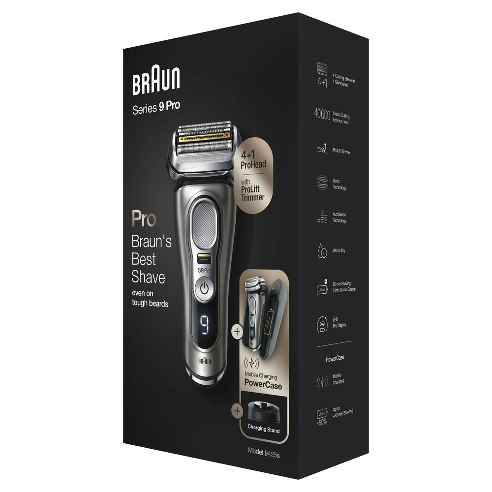 Verpackung des elektrischen Rasierers Braun Series 9 Pro. Aufschrift: Braun, Series 9 Pro, Pro, Braun's Best Shave. Rasierer, PowerCase und Ladestation abgebildet.