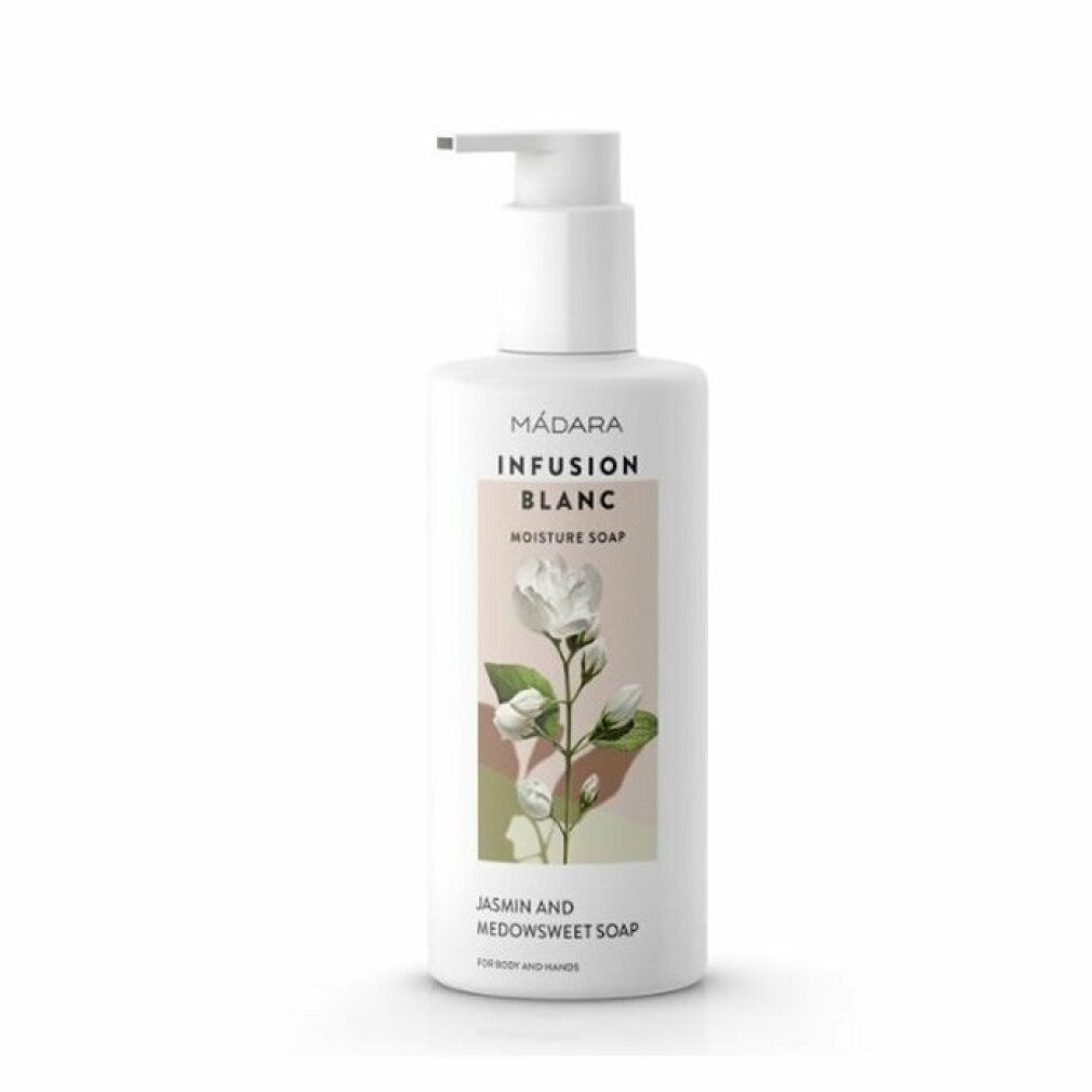 Weiße Flasche mit Pumpe. Aufschrift: MÁDARA, INFUSION BLANC, Moisture Soap. Abbildung: weiße Blume. Text: Jasmin und Mädesüß Seife.