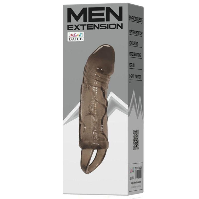 Baile Penis Extender Cover. Schwarzer, durchsichtiger Penisaufsatz mit Ring und Verpackung. Aufschrift: MEN EXTENSION.