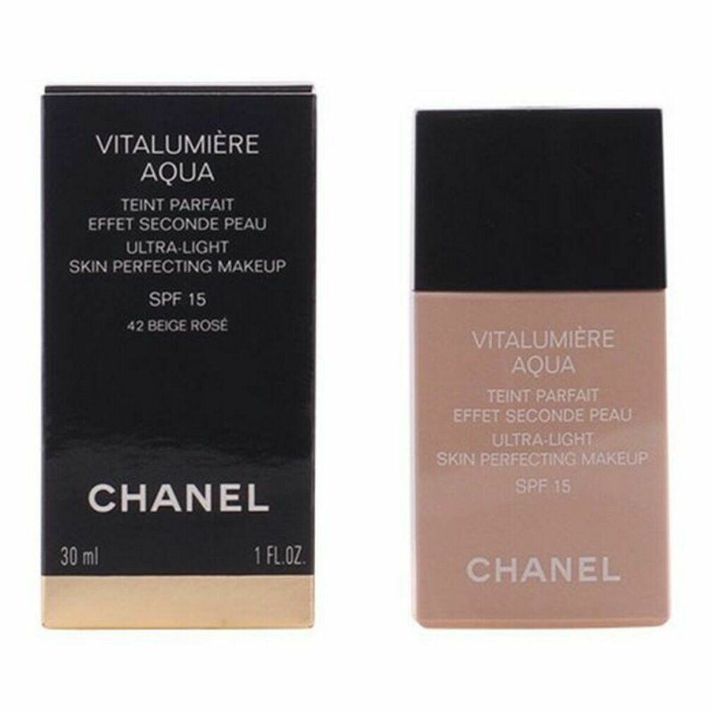 Chanel Vitalumiere Aqua Make up SPF 15. Flasche und Verpackung. Text: 42 Beige Rose, 30 ml, 1 FL.OZ, Chanel, Vitalumiere Aqua, SPF 15.