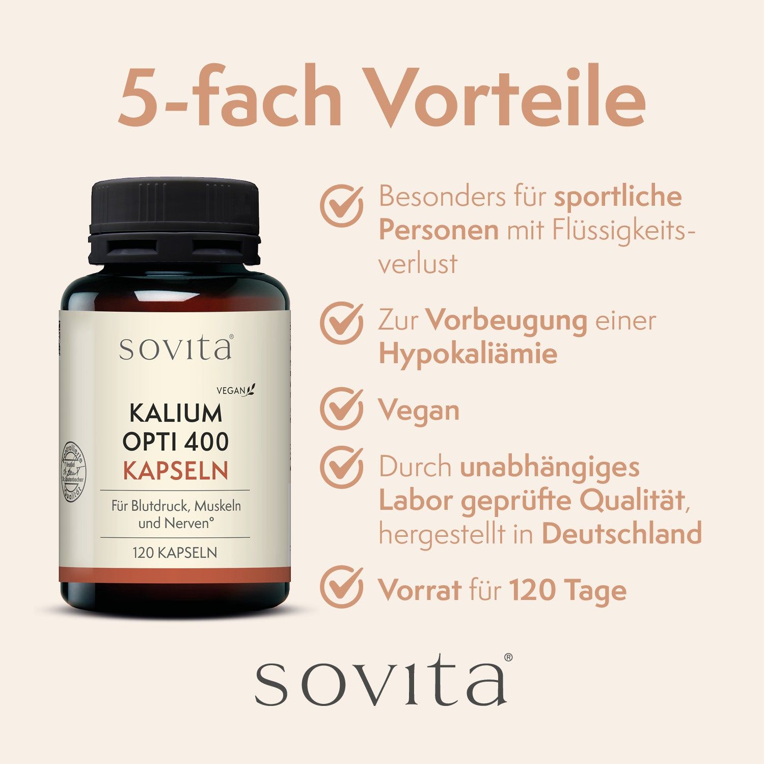 Braune Glasflasche mit sovita Kalium Opti 400 Kapseln. 120 Kapseln. Vorteile: Sportler, Hypokaliämie, vegan, Labor geprüft, 120 Tage Vorrat.