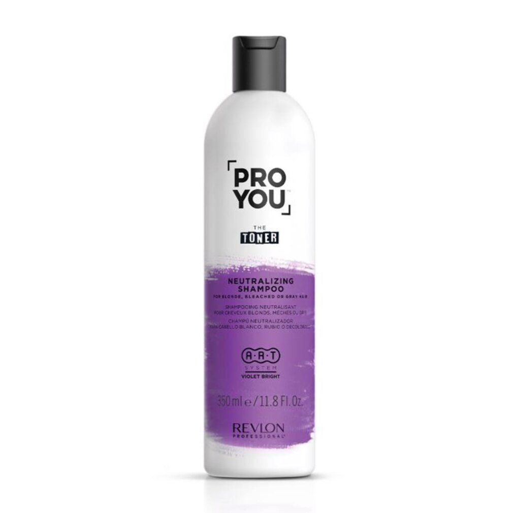 Flasche mit schwarzem Deckel. Aufschrift: PRO YOU, Toner, Neutralizing Shampoo. Violette Farbfläche. Marke: Revlon Professional.
