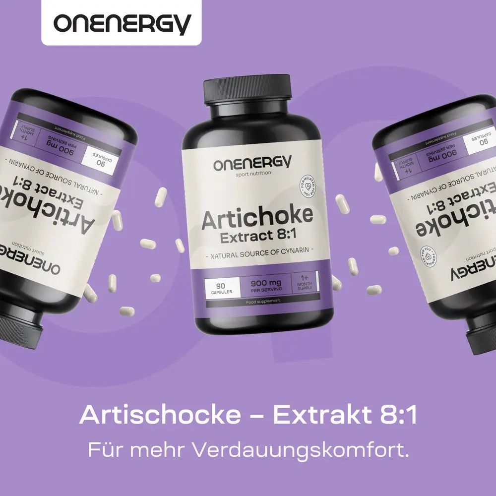 Drei Flaschen OnEnergy Artischocke Extrakt 8:1 auf lila Hintergrund. 90 Kapseln.